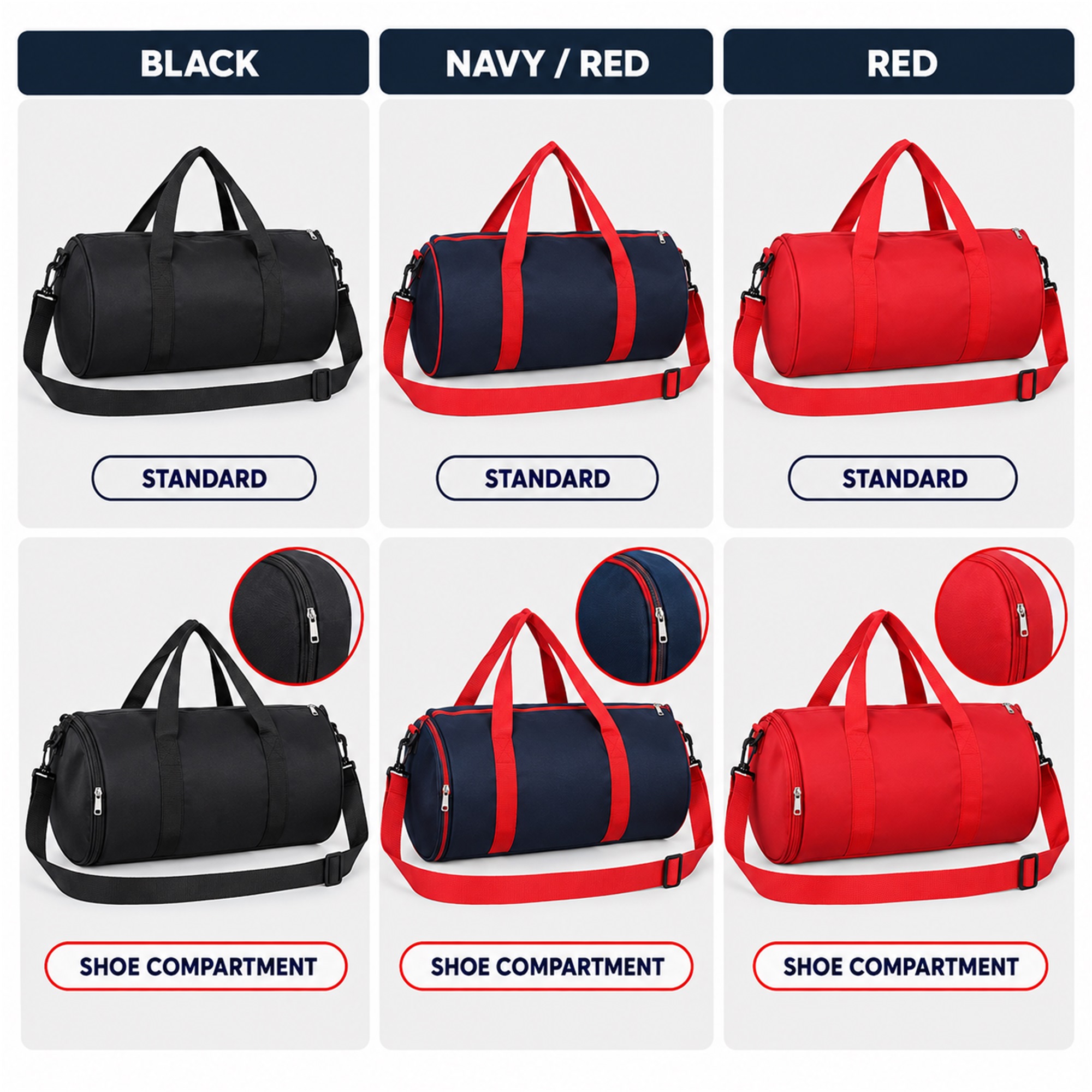 Custom Cylindrical Oxford Gym And Travel Duffel Bag available styles and colors