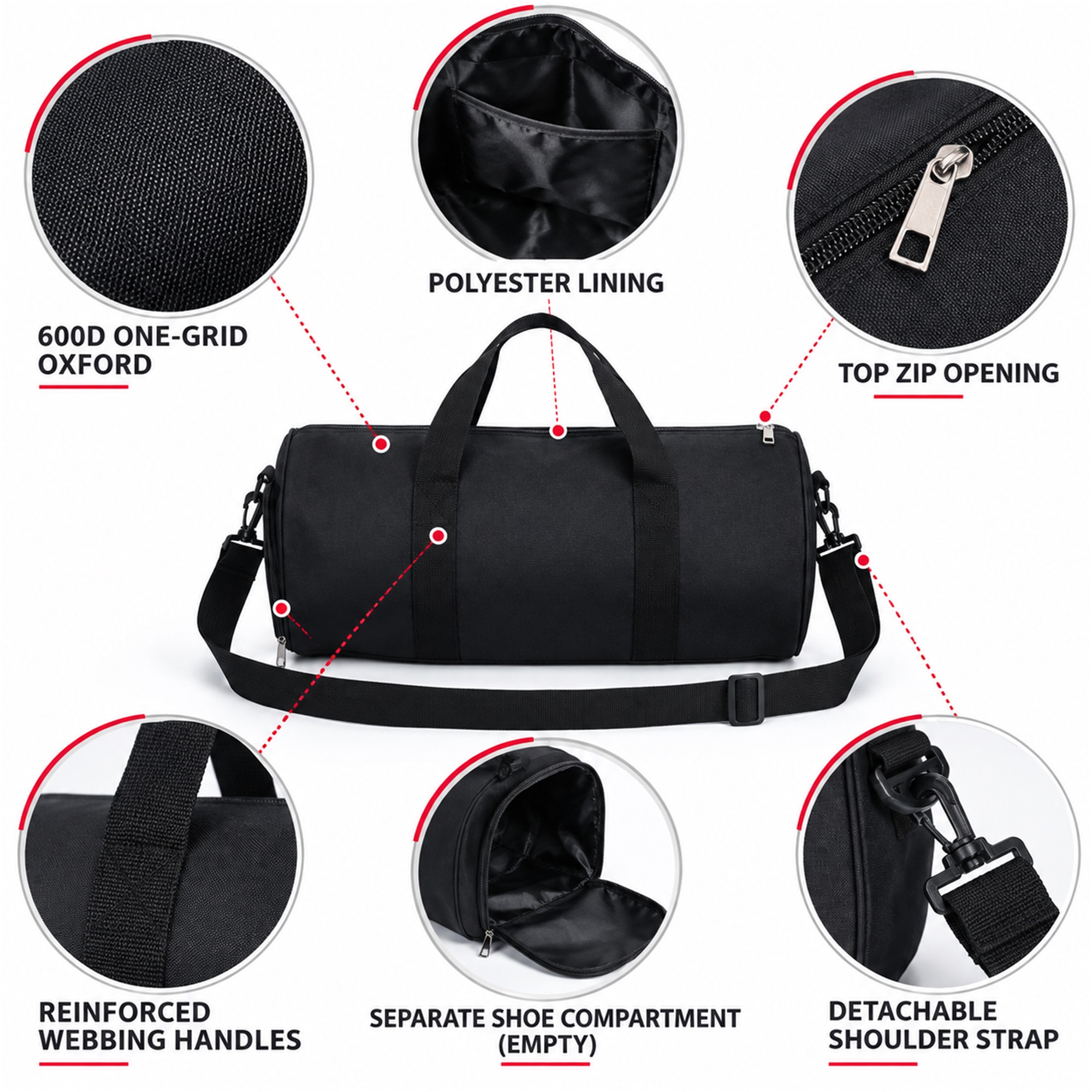 Custom Cylindrical Oxford Gym And Travel Duffel Bag product construction details