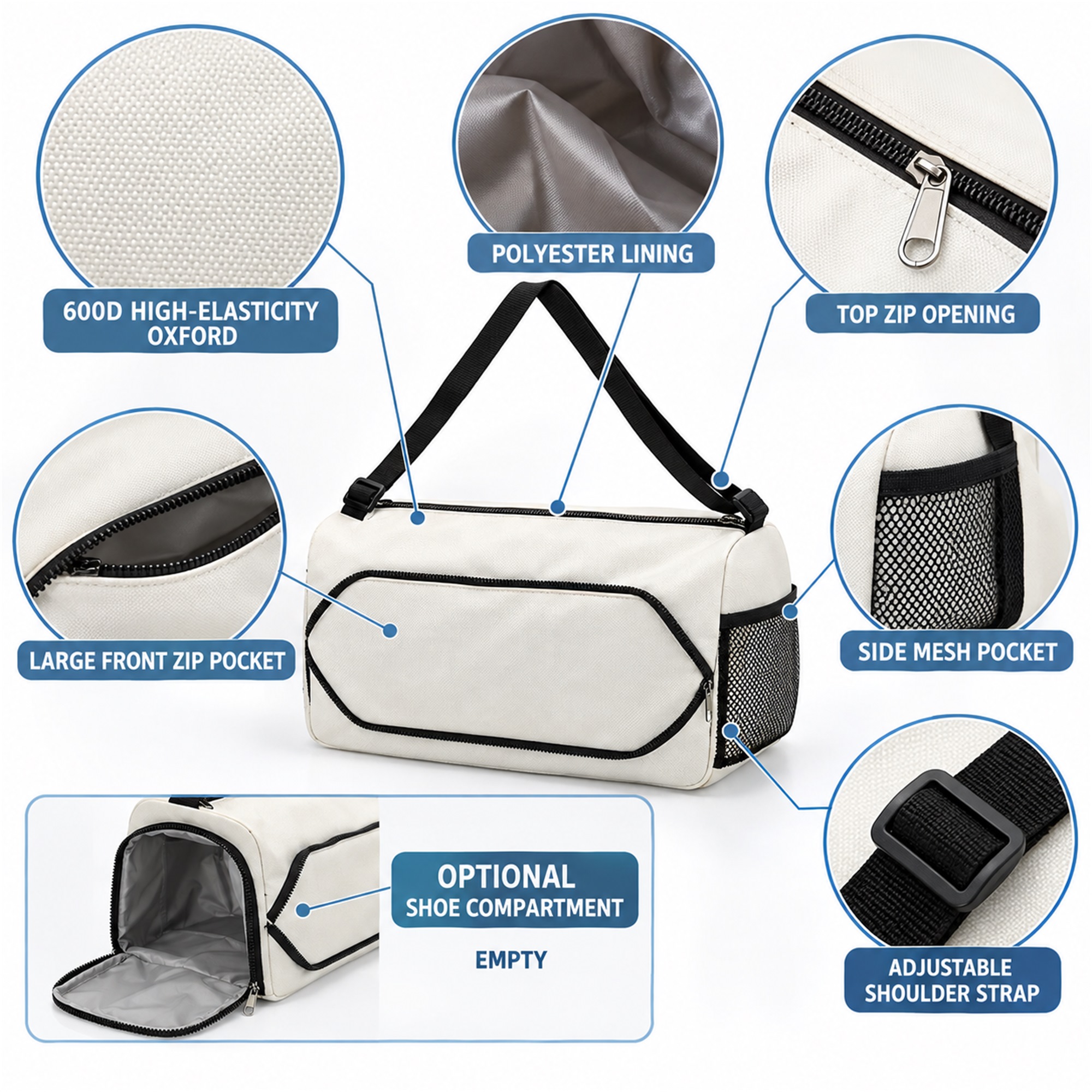 Custom Rectangular Oxford Training And Yoga Shoulder Bag product construction details
