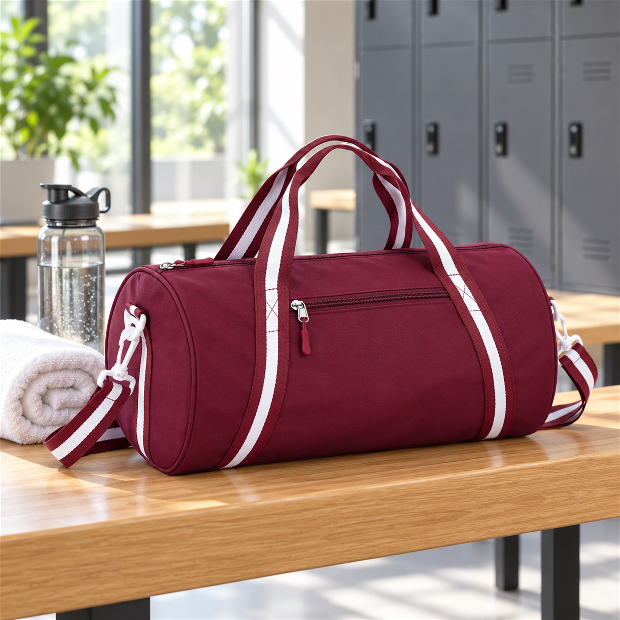 Custom Oxford Composite Cylindrical Wet Dry Gym Duffel lifestyle application