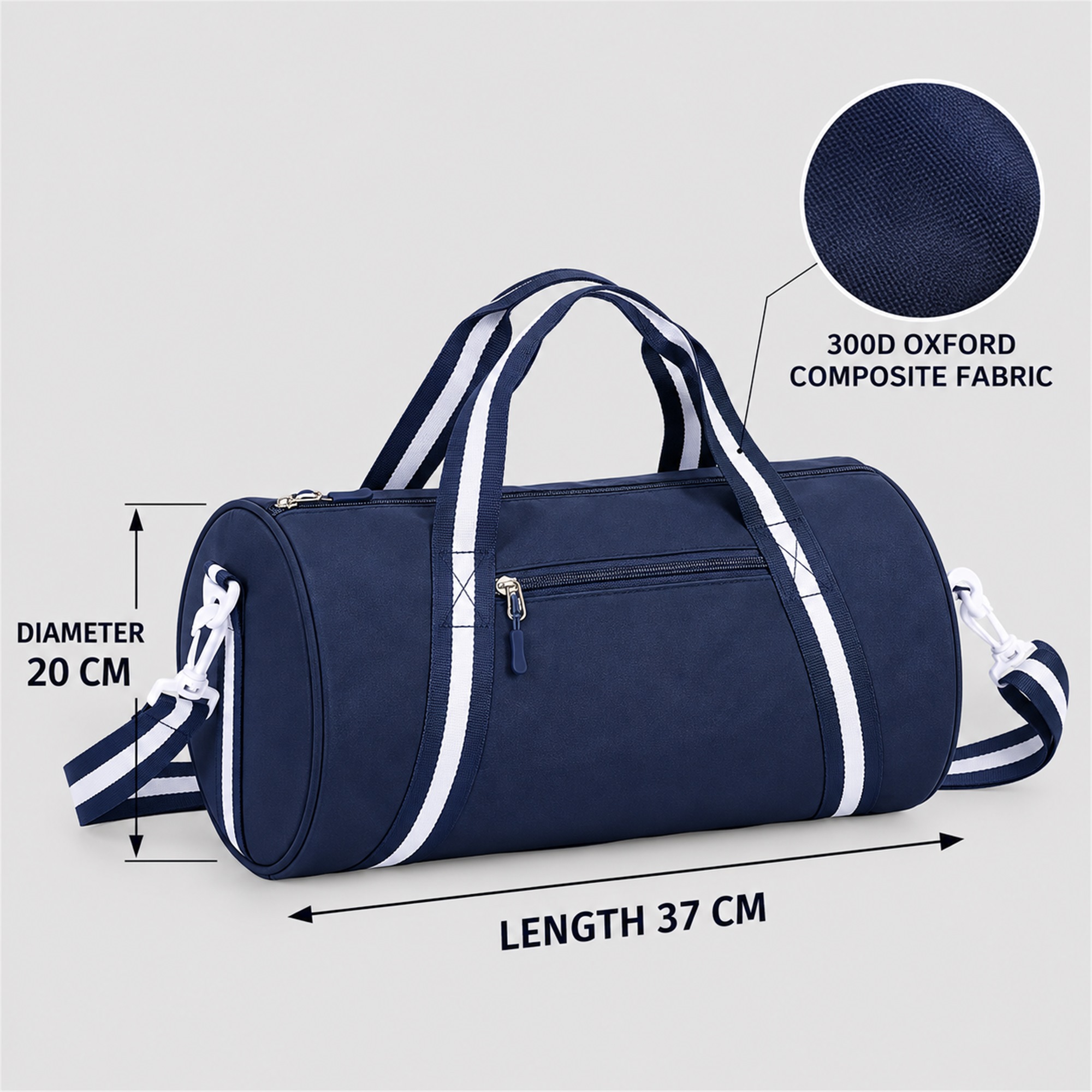 Custom Oxford Composite Cylindrical Wet Dry Gym Duffel size and structure