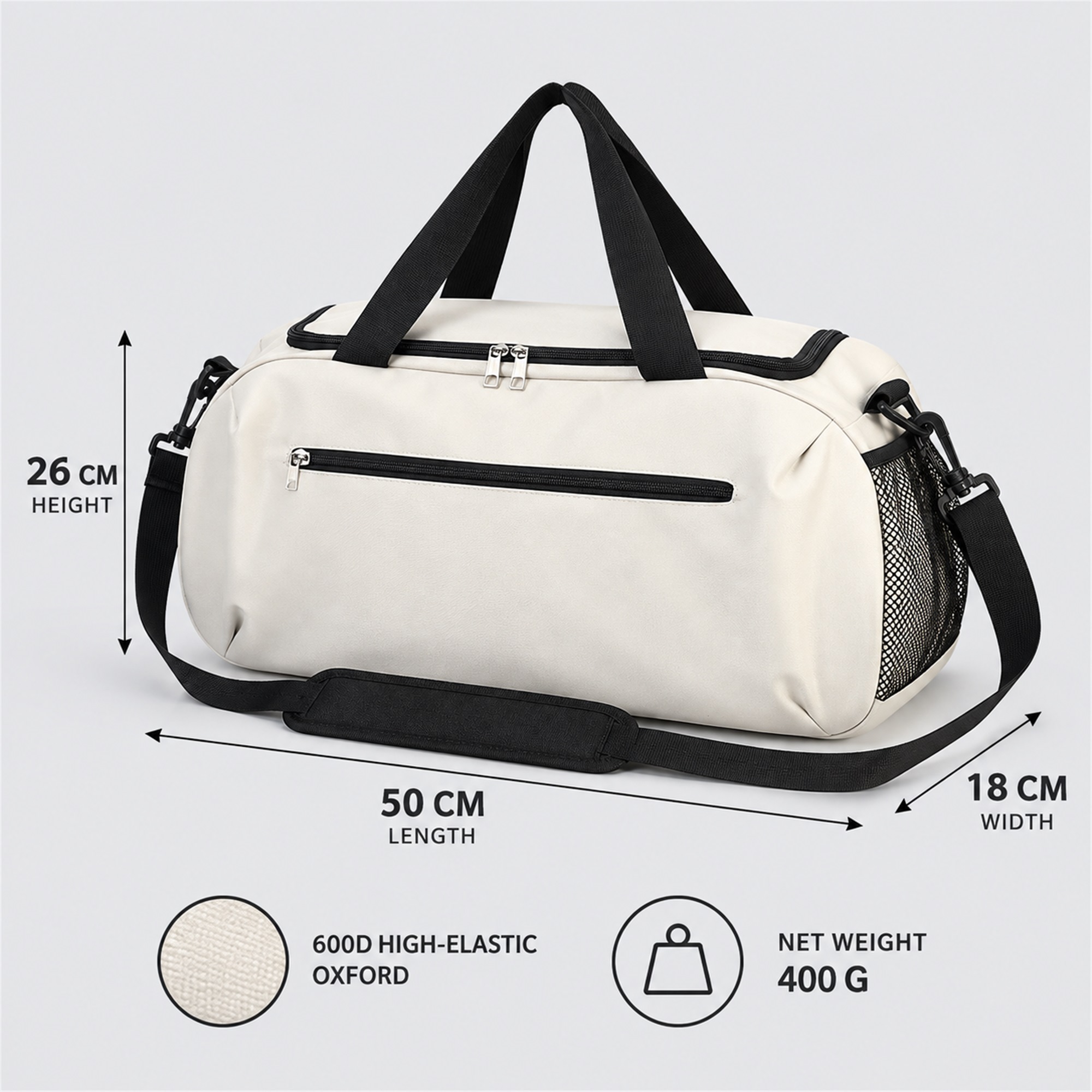 Custom Large 600D High-Elastic Oxford Gym And Travel Duffel size and structure