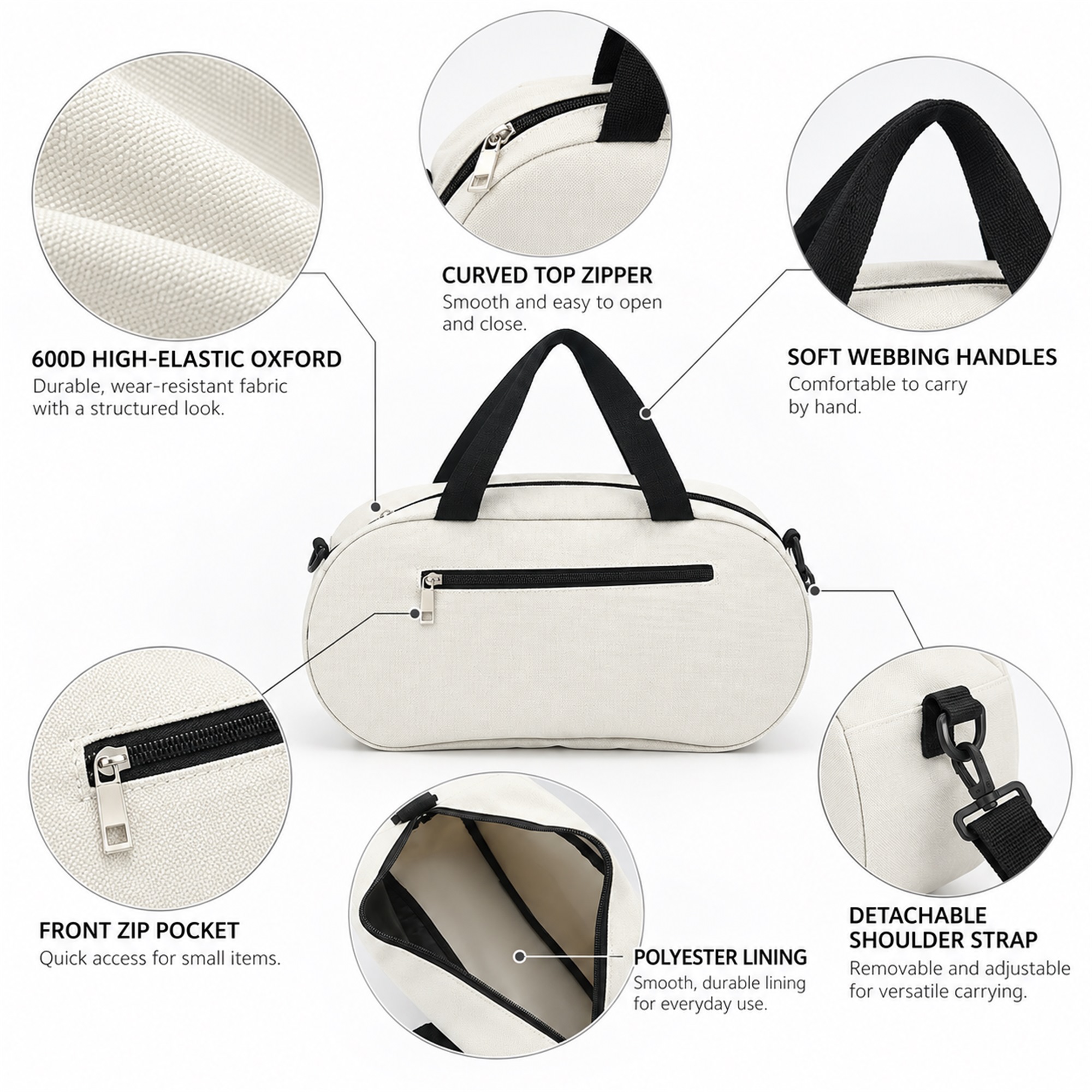 Custom Compact 600D High-Elastic Oxford Dance And Leisure Sports Bag product construction details