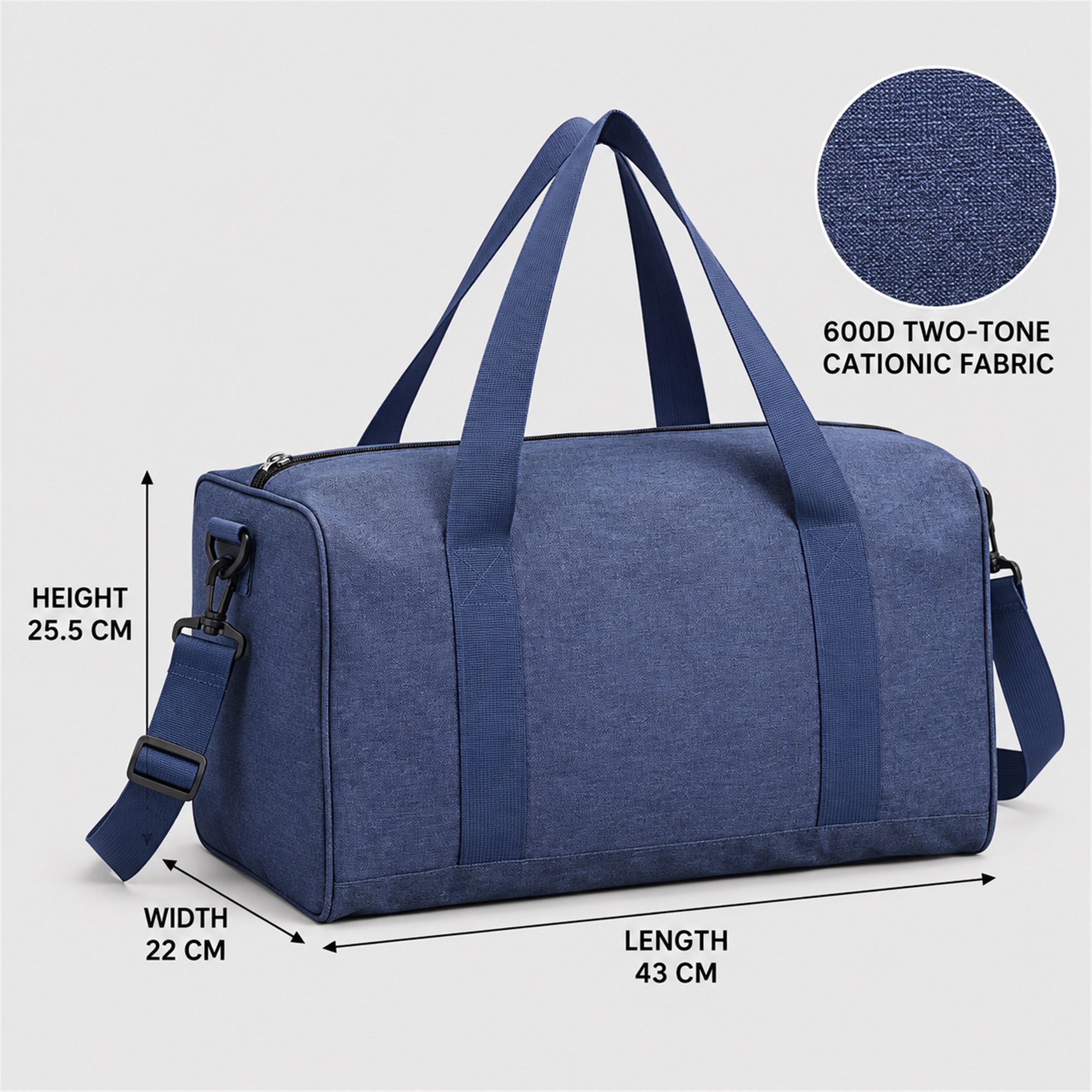 Custom Two-Tone Cationic Rectangular Gym And Yoga Duffel size and structure