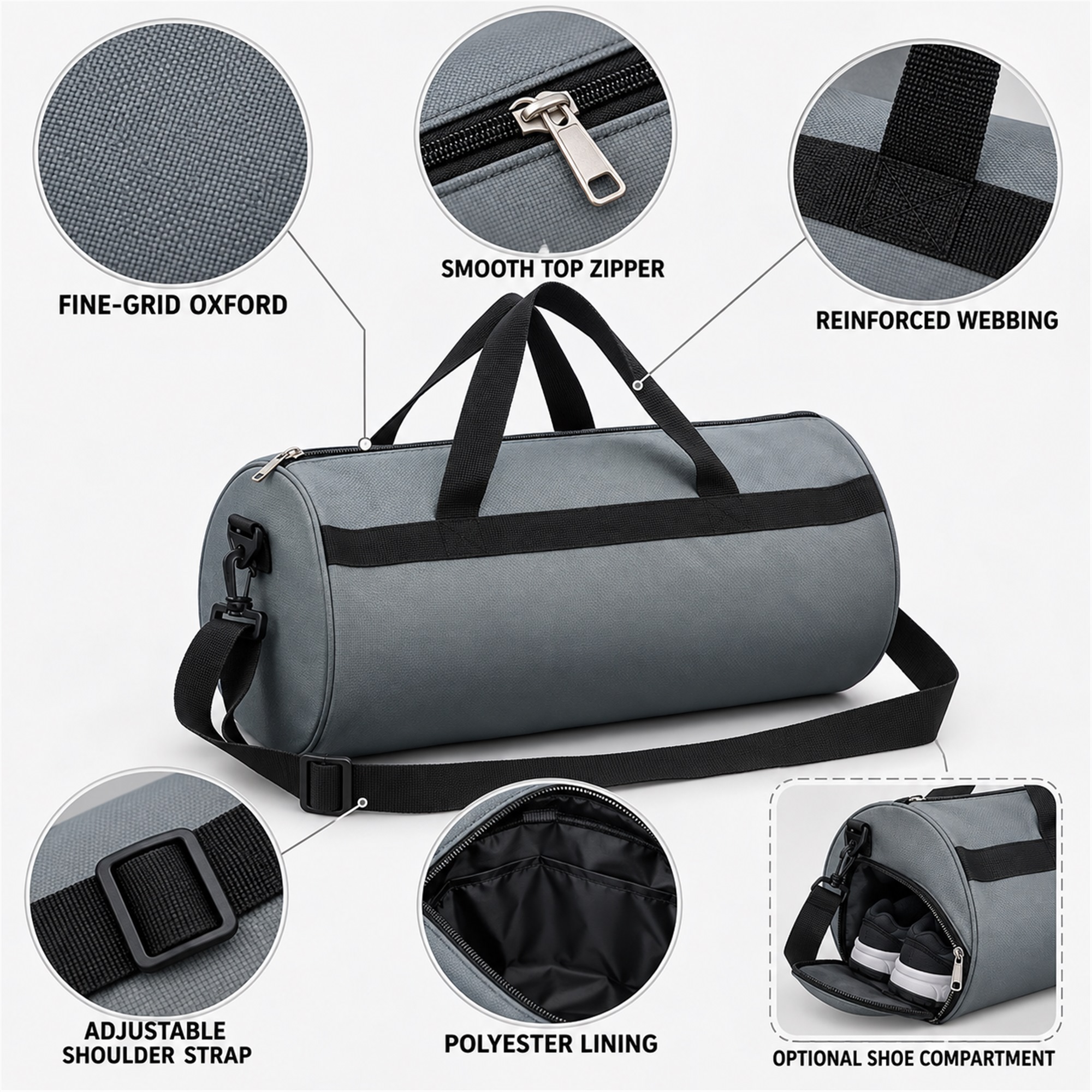 Custom Fine-Grid Oxford Cylindrical Gym, Yoga And Travel Duffel product construction details