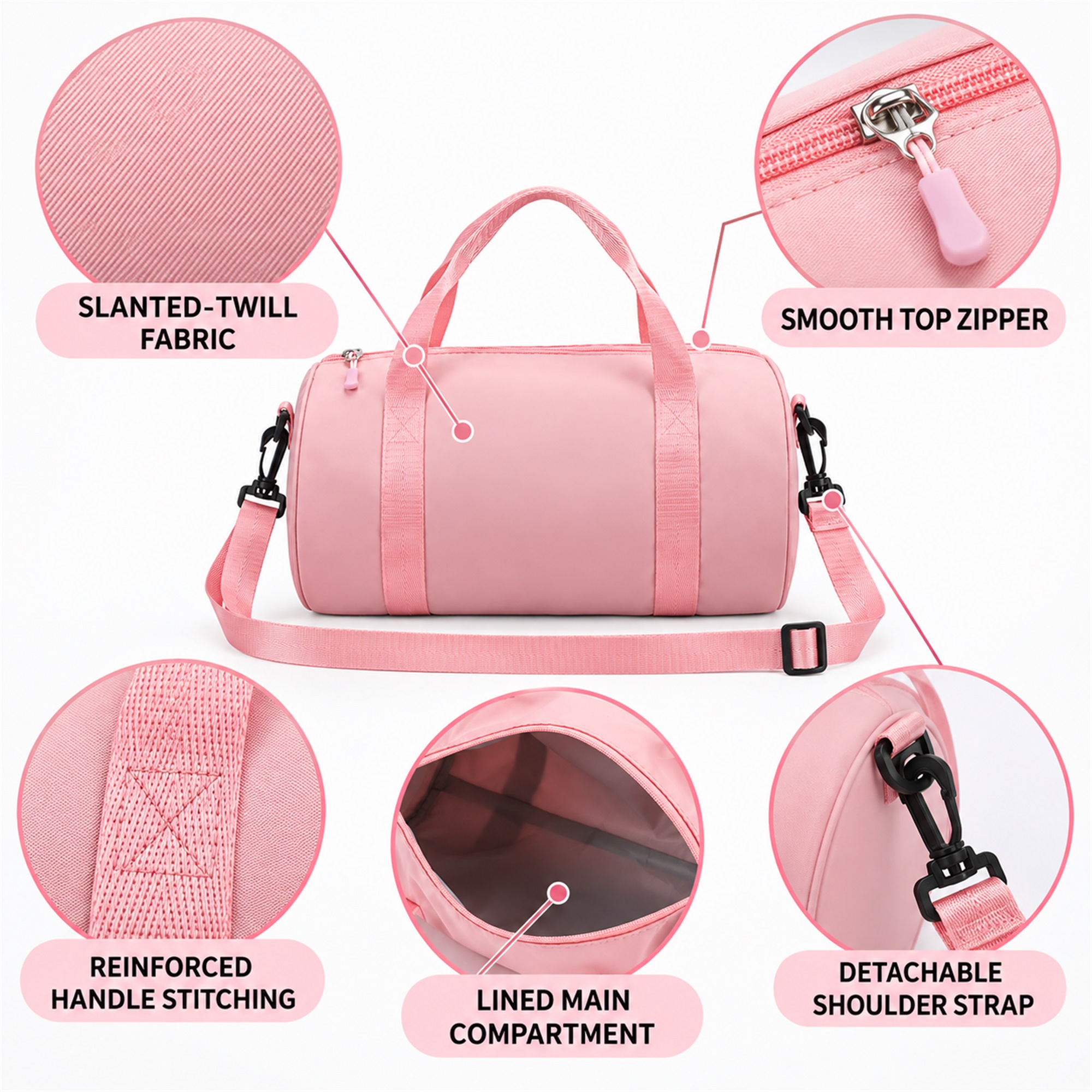 Custom Slanted-Twill Cylindrical Children'S Dance Duffel product construction details
