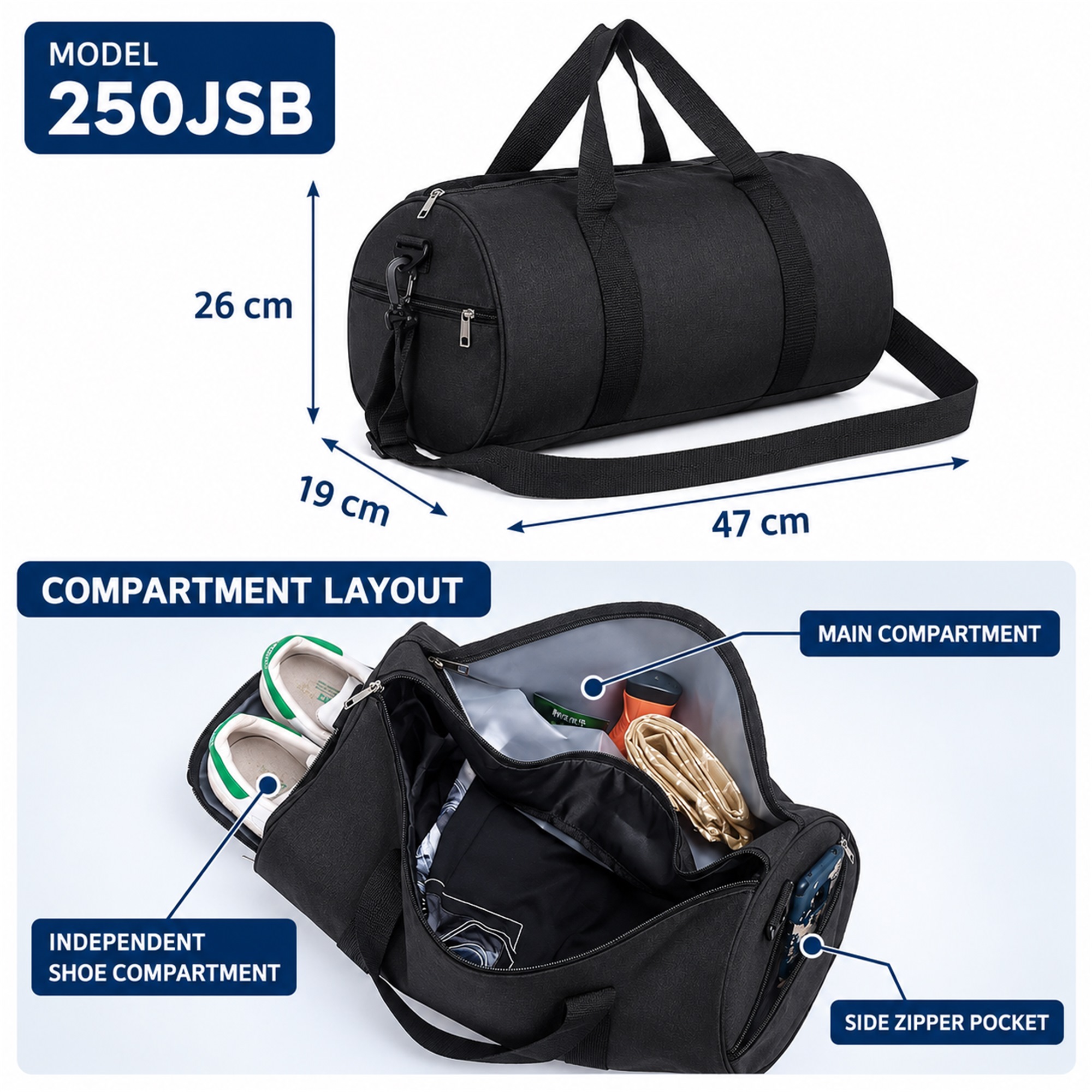 Custom Cationic Gym And Swim Duffel With Independent Shoe Compartment size and structure