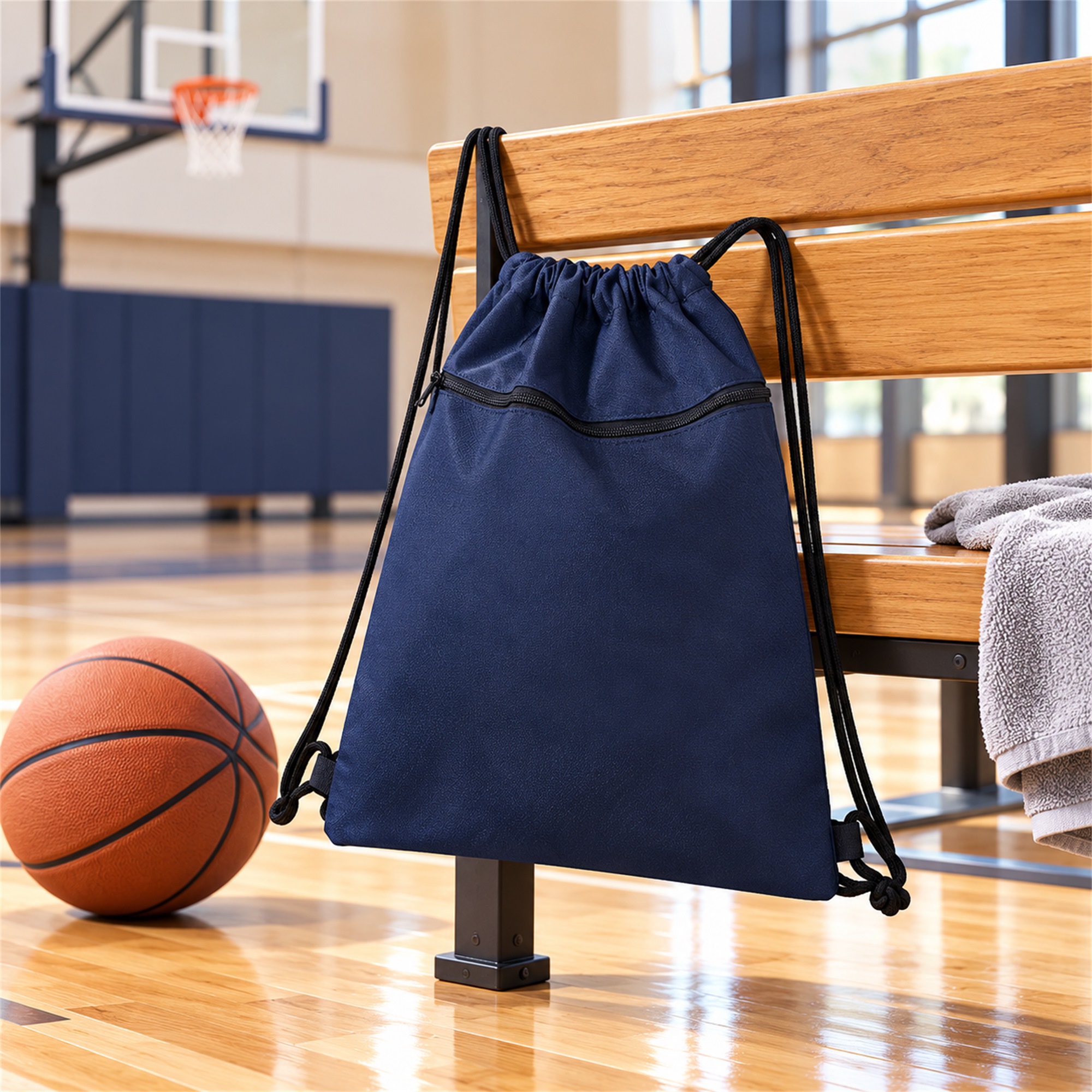 Custom Oxford Drawstring Sports Backpack With Curved Zipper Pocket lifestyle application