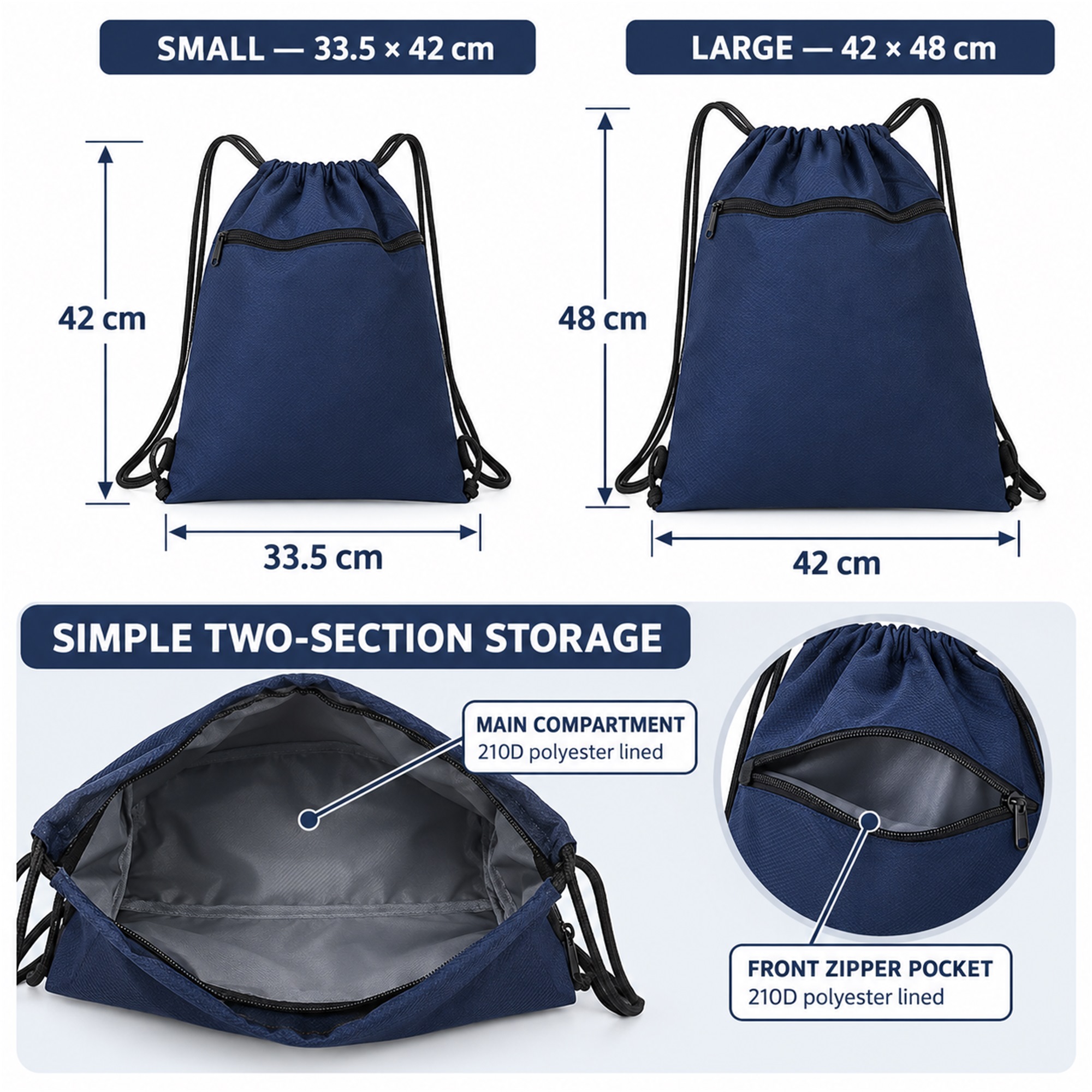 Custom Oxford Drawstring Sports Backpack With Curved Zipper Pocket size and structure