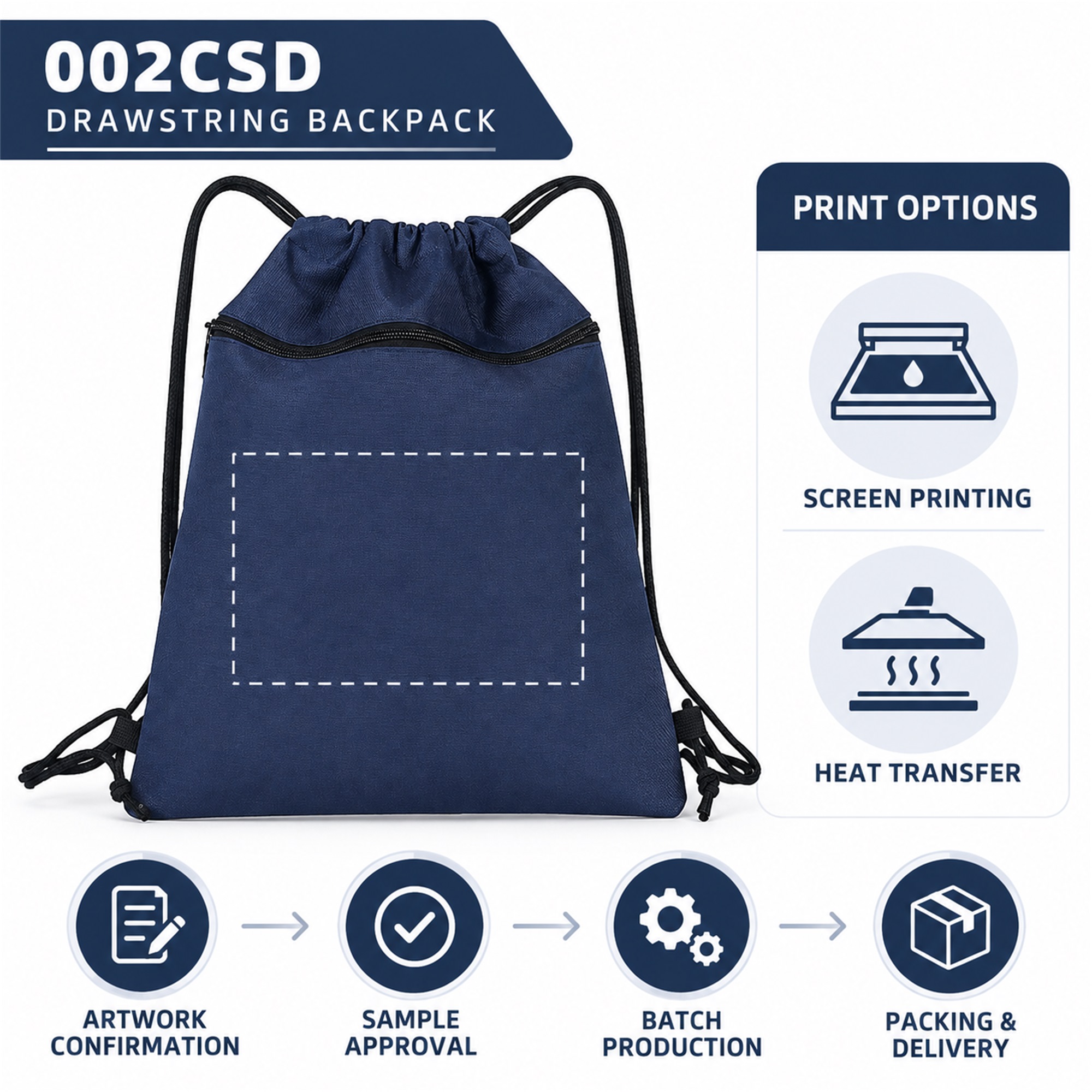 Custom Oxford Drawstring Sports Backpack With Curved Zipper Pocket custom logo option