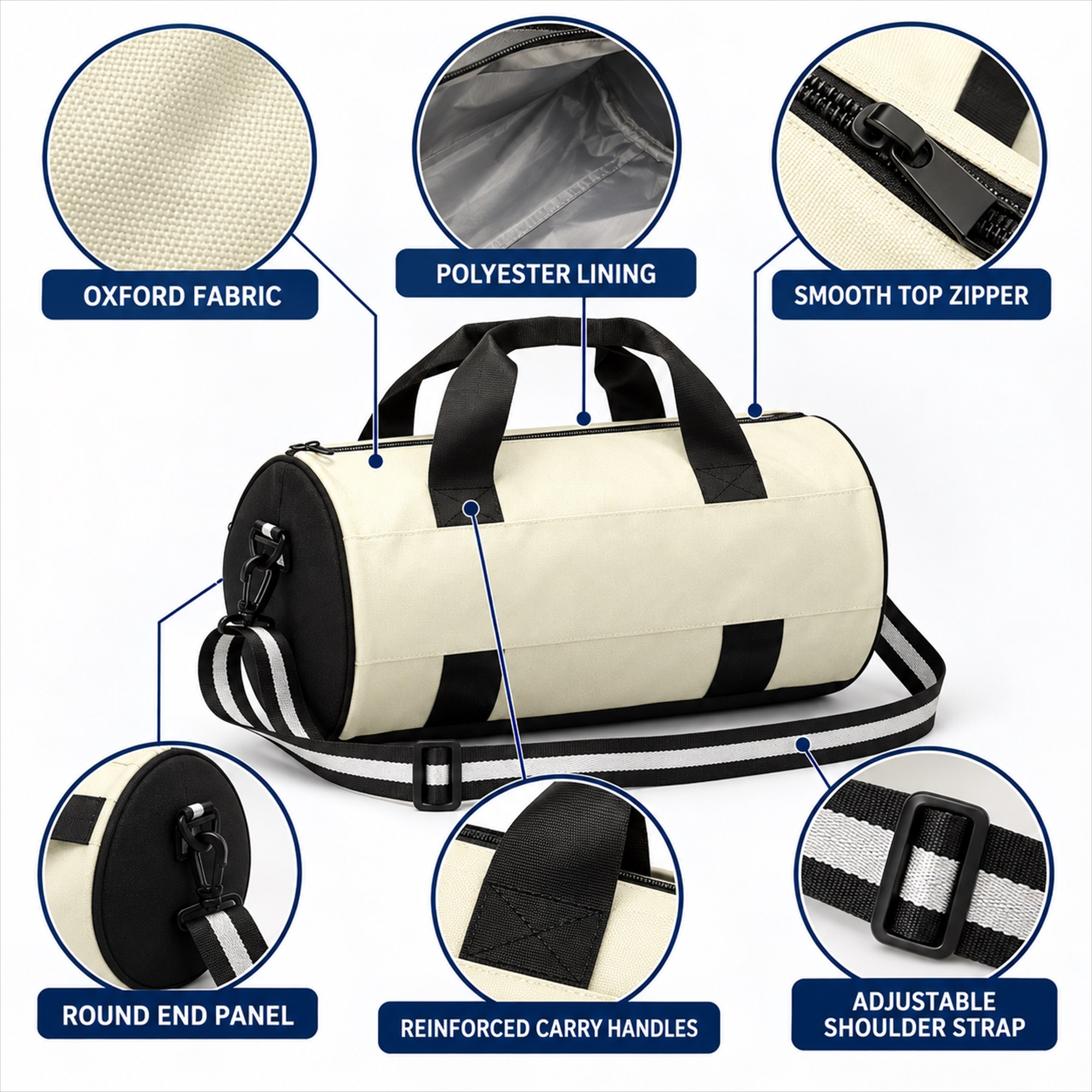 Custom Oxford Cylindrical Gym And Yoga Duffel Bag product construction details