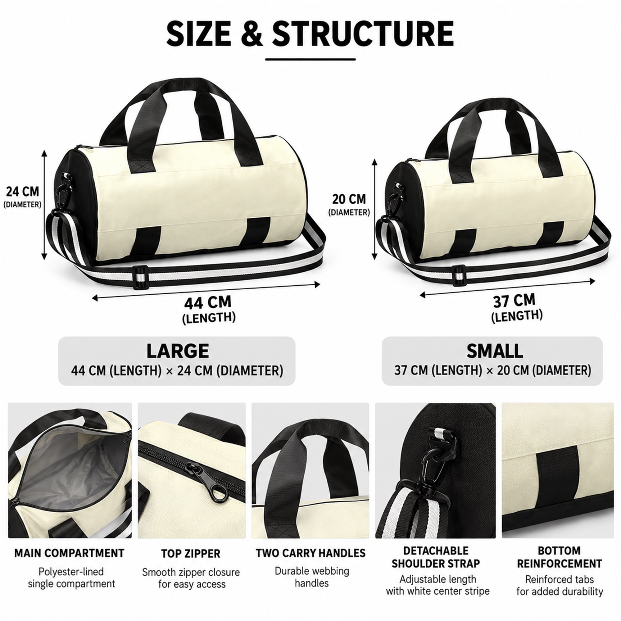 Custom Oxford Cylindrical Gym And Yoga Duffel Bag size and structure