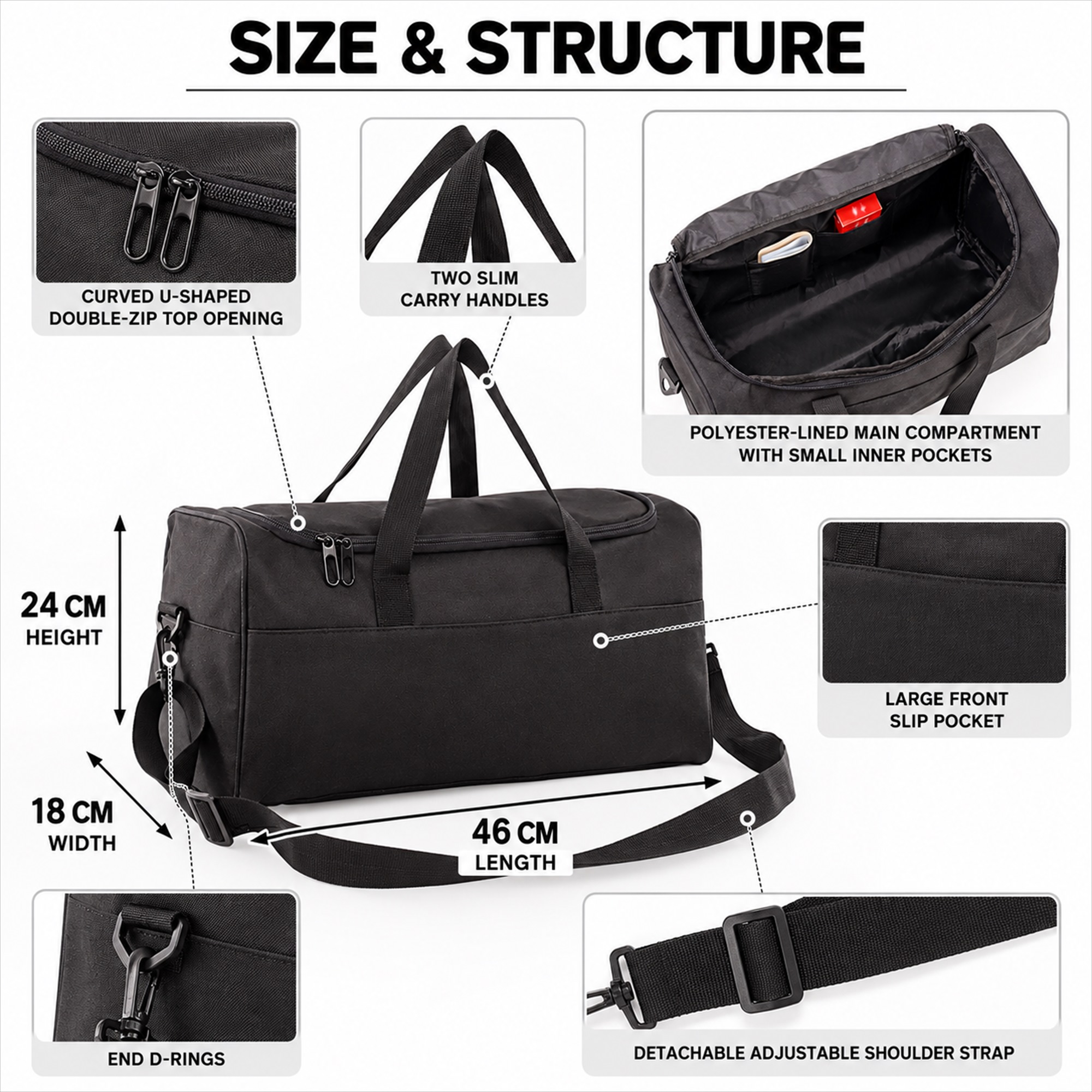 Custom Two-Tone Cationic Oxford Gym And Travel Duffel Bag size and structure