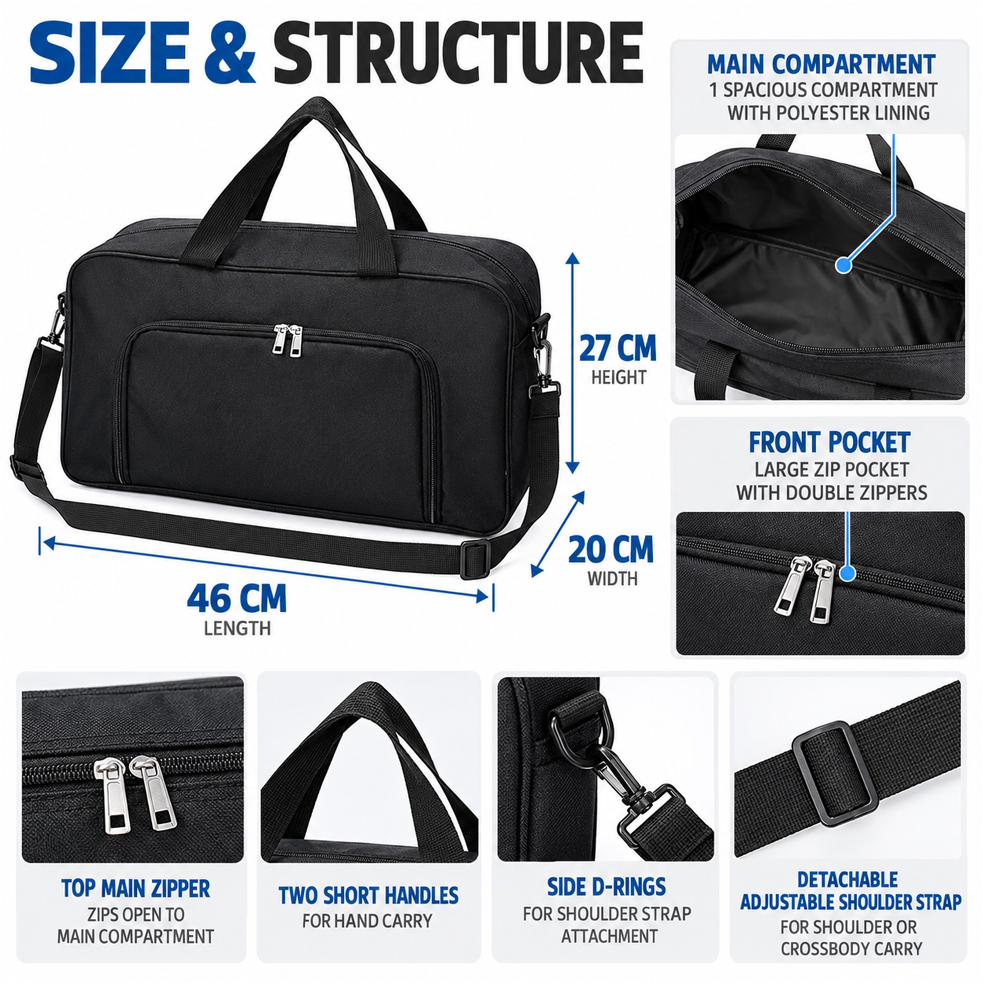 Custom Oxford Gym And Travel Duffel Bag With Front Zip Pocket size and structure