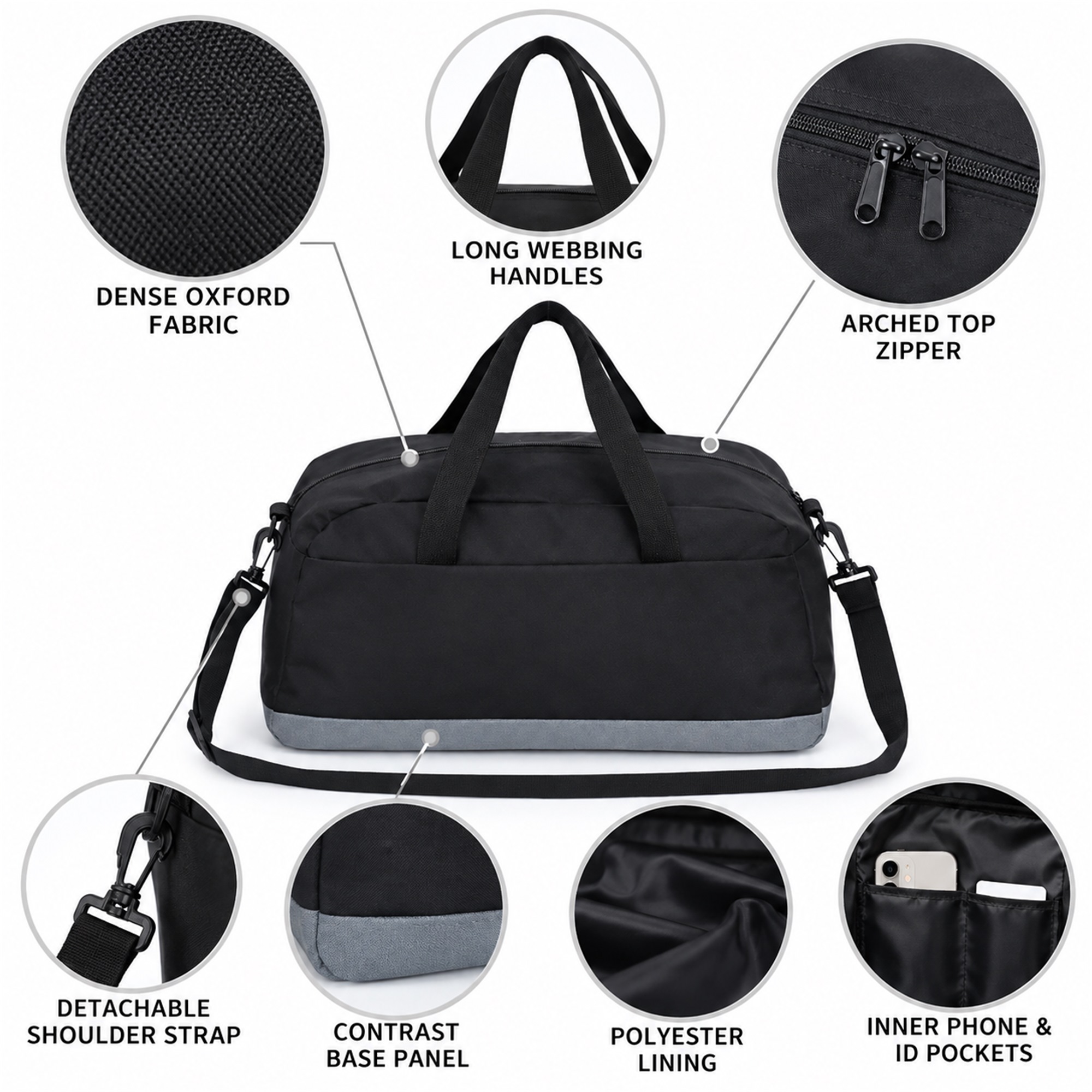 Custom Dense Oxford Shell-Shaped Gym, Yoga And Travel Duffel Bag product construction details