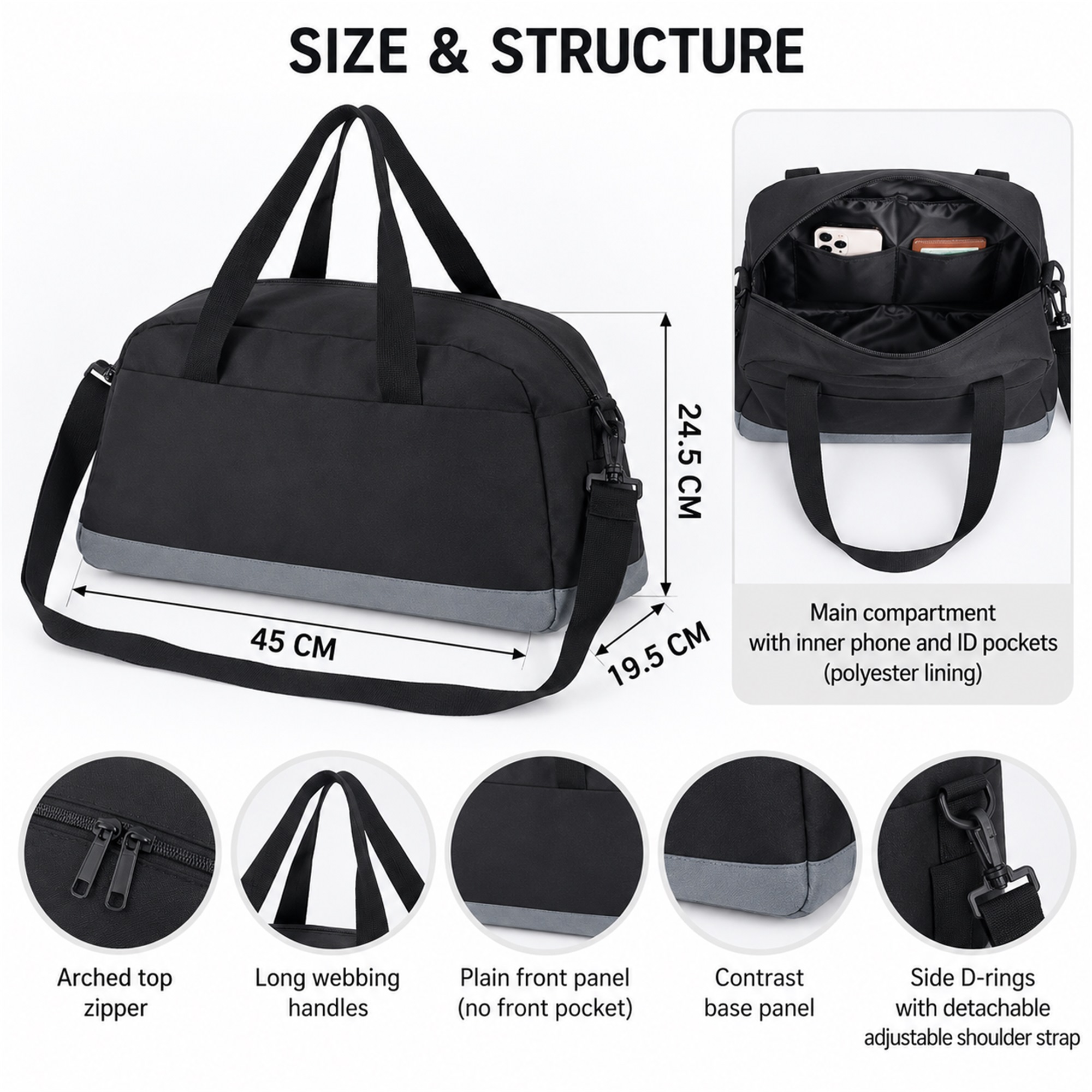 Custom Dense Oxford Shell-Shaped Gym, Yoga And Travel Duffel Bag size and structure
