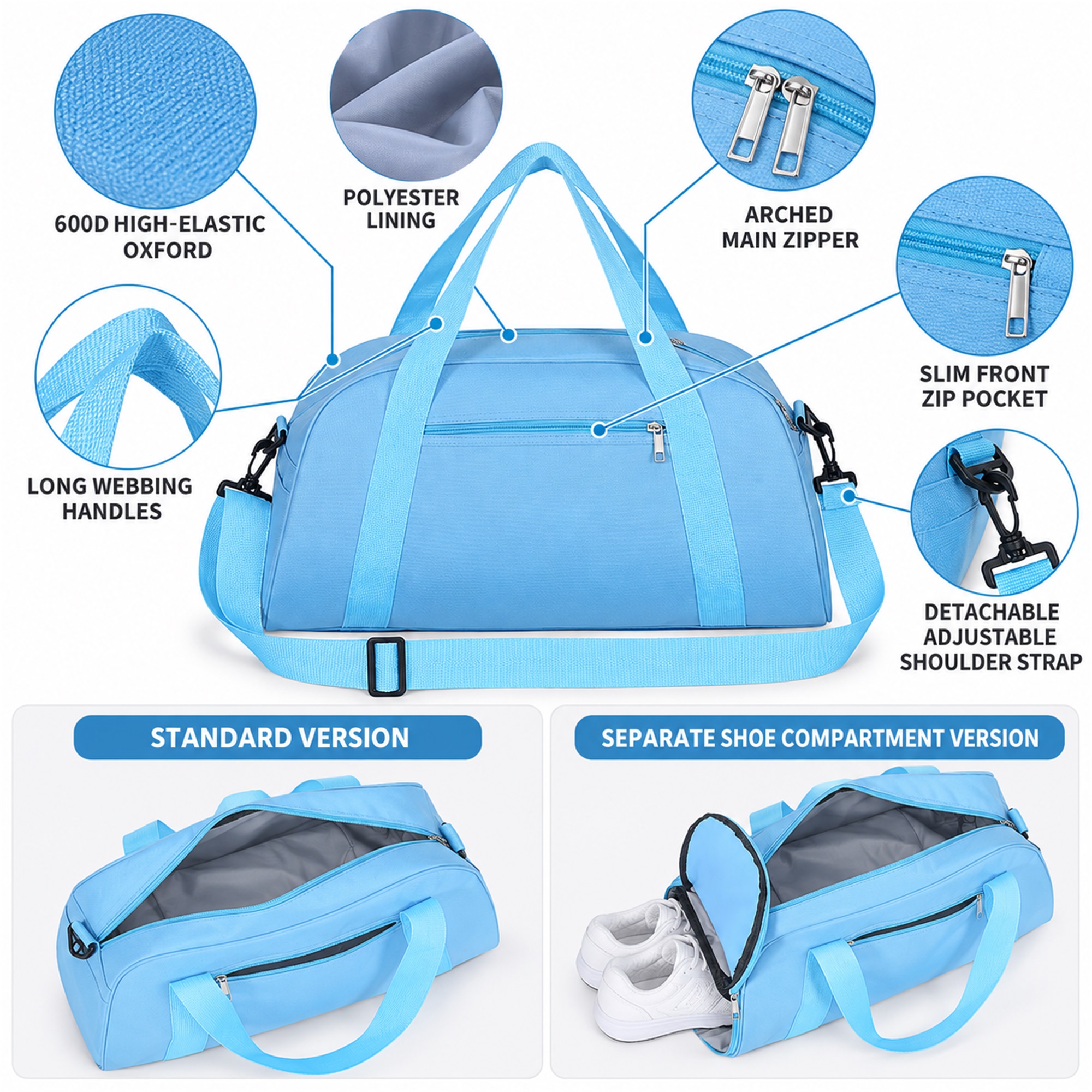 Custom High-Elastic Oxford Gym And Training Duffel Bag With Optional Shoe Compartment product construction details