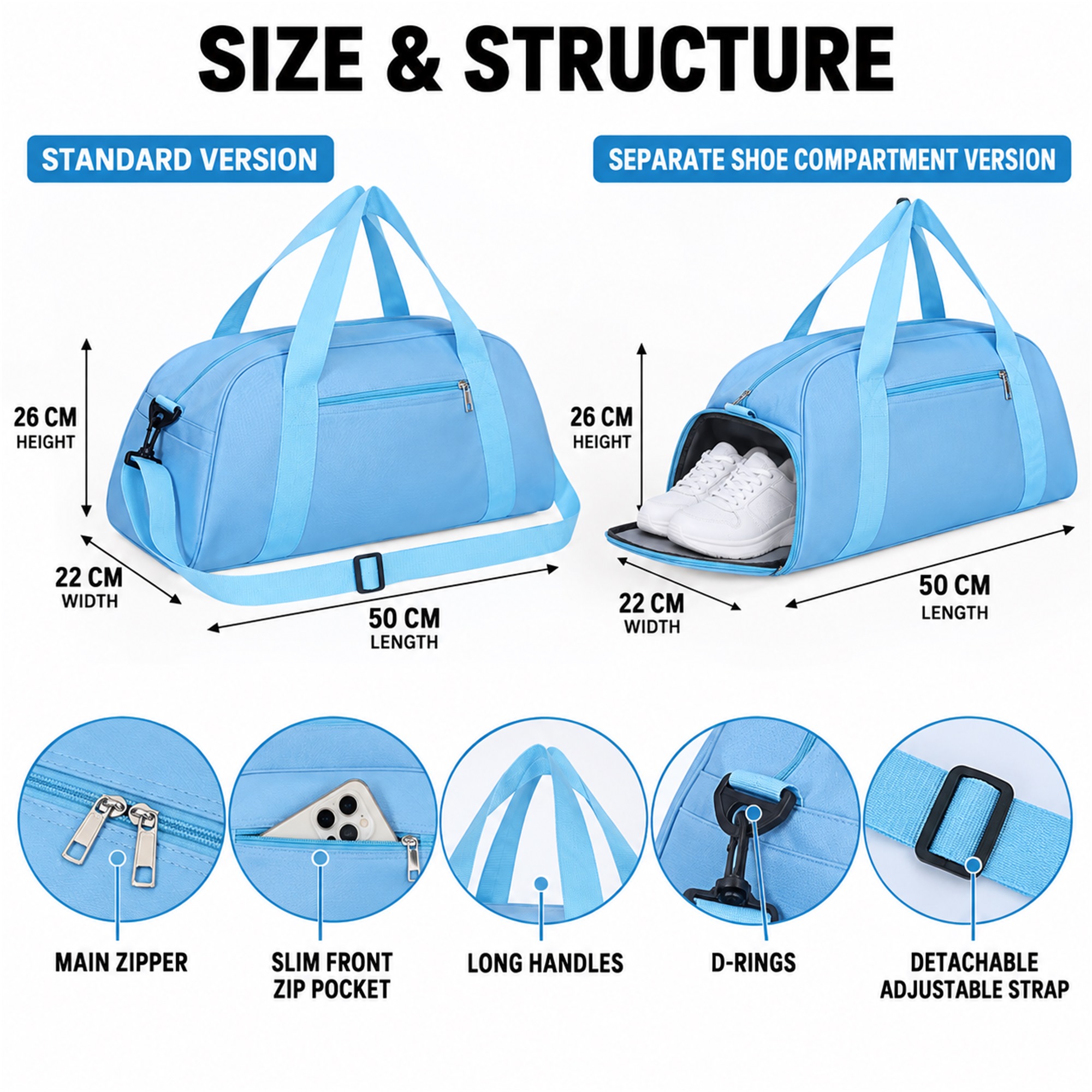 Custom High-Elastic Oxford Gym And Training Duffel Bag With Optional Shoe Compartment size and structure