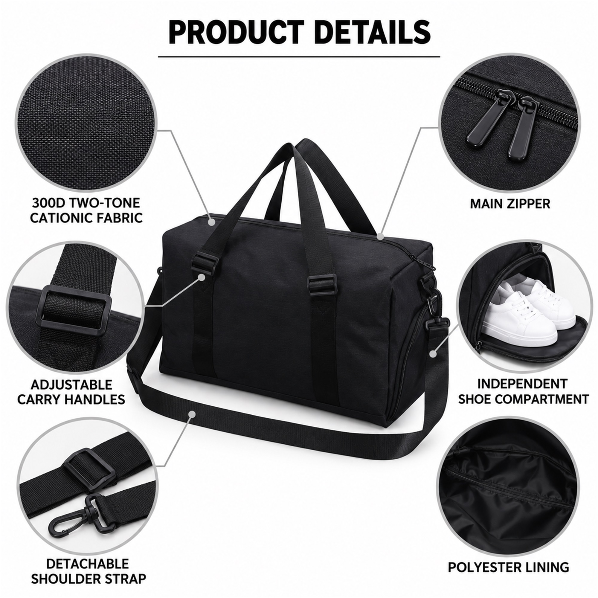 Custom Two-Tone Cationic Gym, Soccer And Travel Duffel Bag With Independent Shoe Compartment product construction details