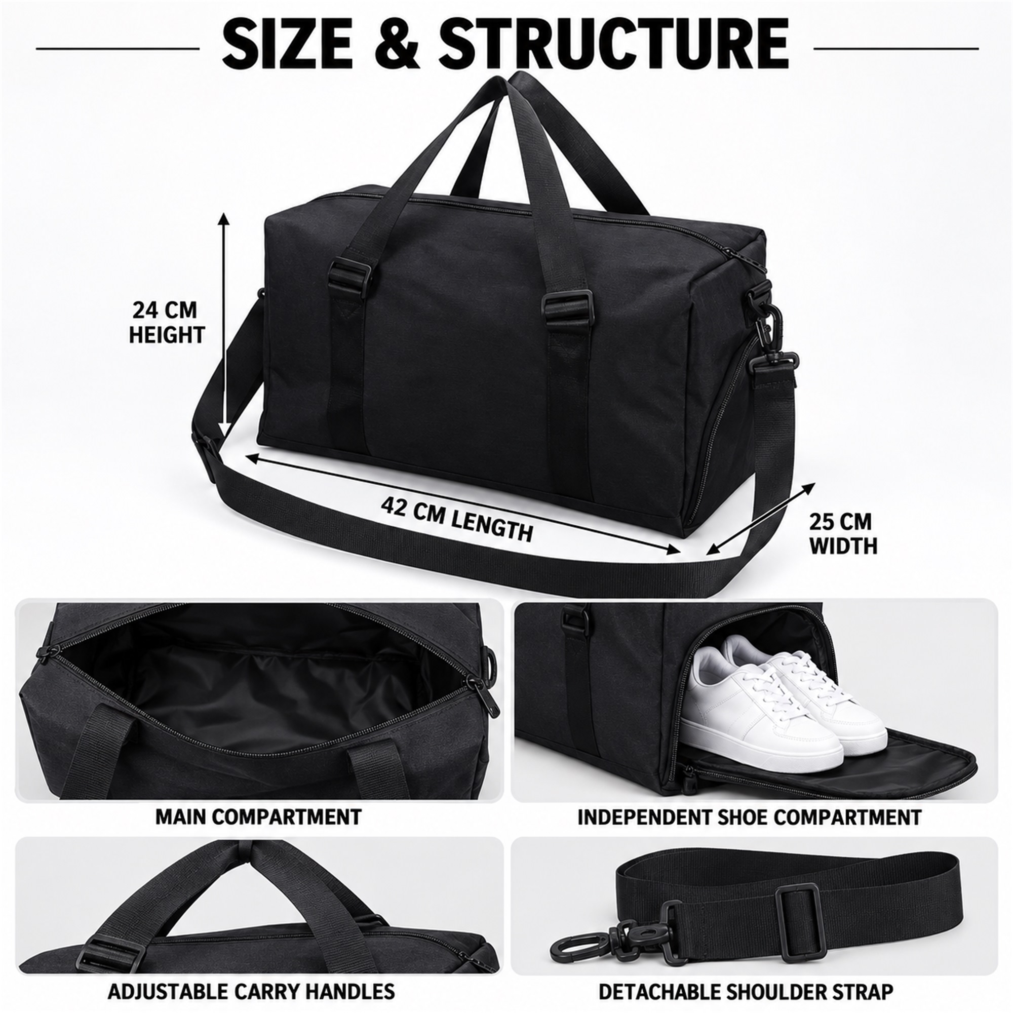 Custom Two-Tone Cationic Gym, Soccer And Travel Duffel Bag With Independent Shoe Compartment size and structure