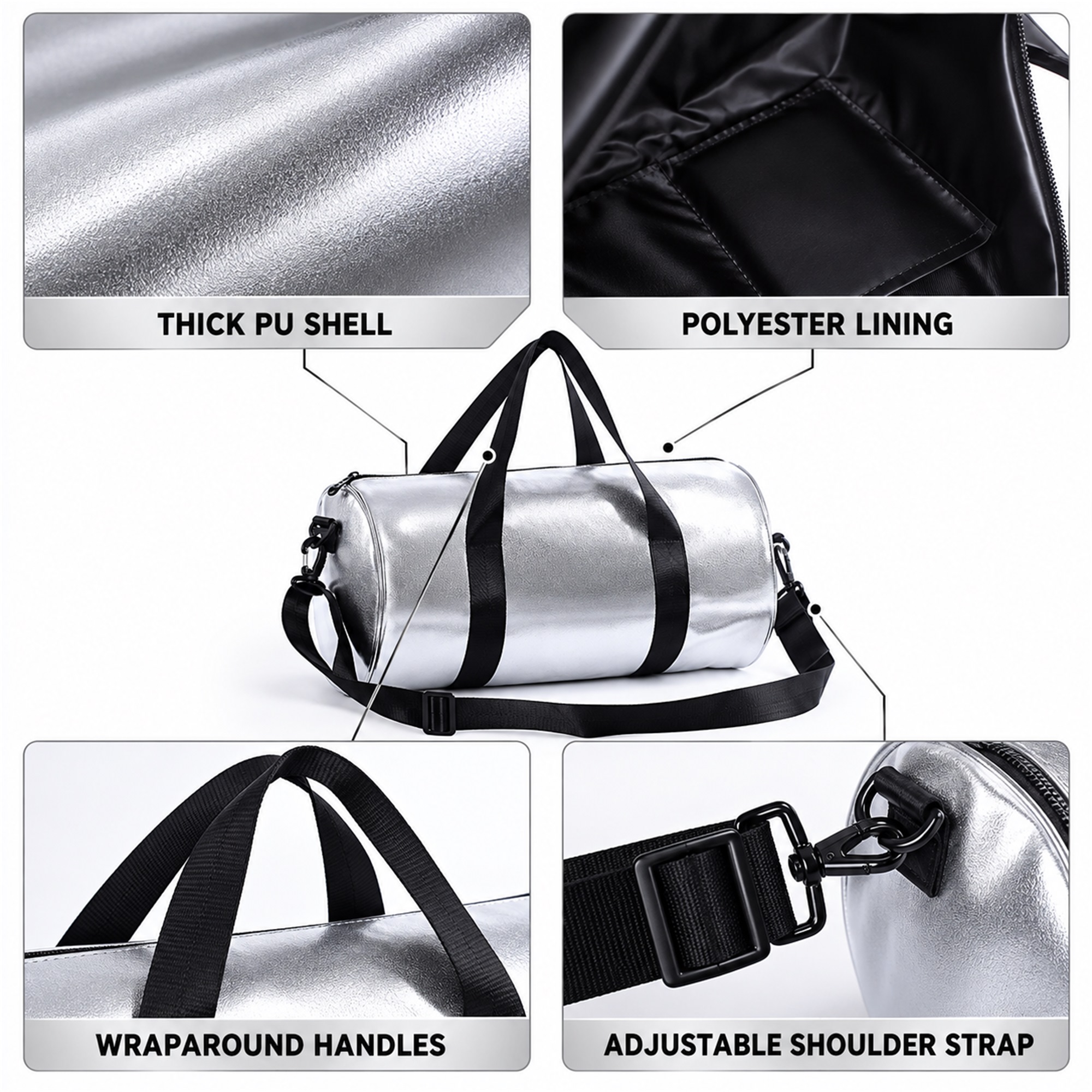 Custom Thick PU Faux-Leather Cylindrical Gym And Travel Duffel Bag product construction details
