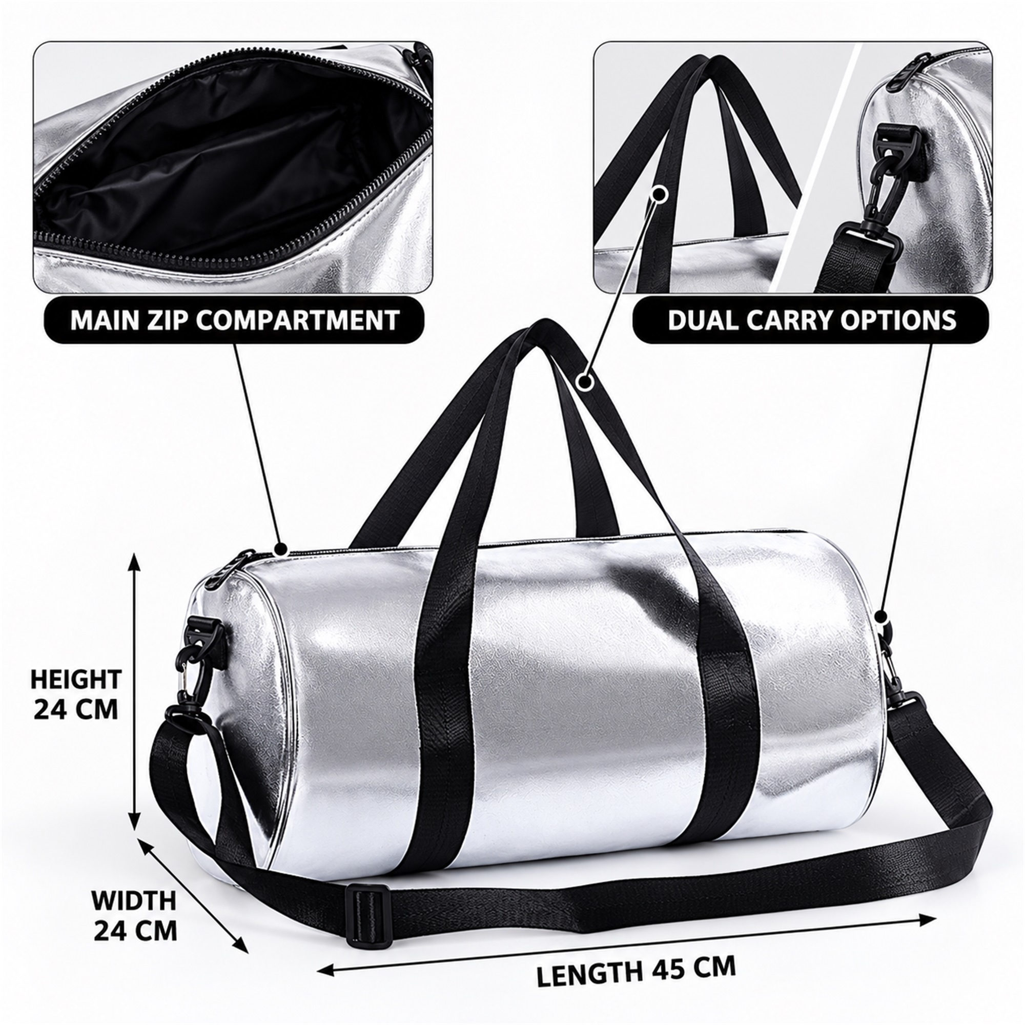 Custom Thick PU Faux-Leather Cylindrical Gym And Travel Duffel Bag size and structure
