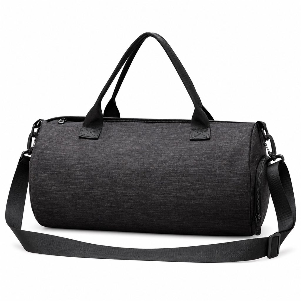 Custom Cationic Oxford Cylindrical Gym And Travel Duffel With Independent Shoe Compartment front product view