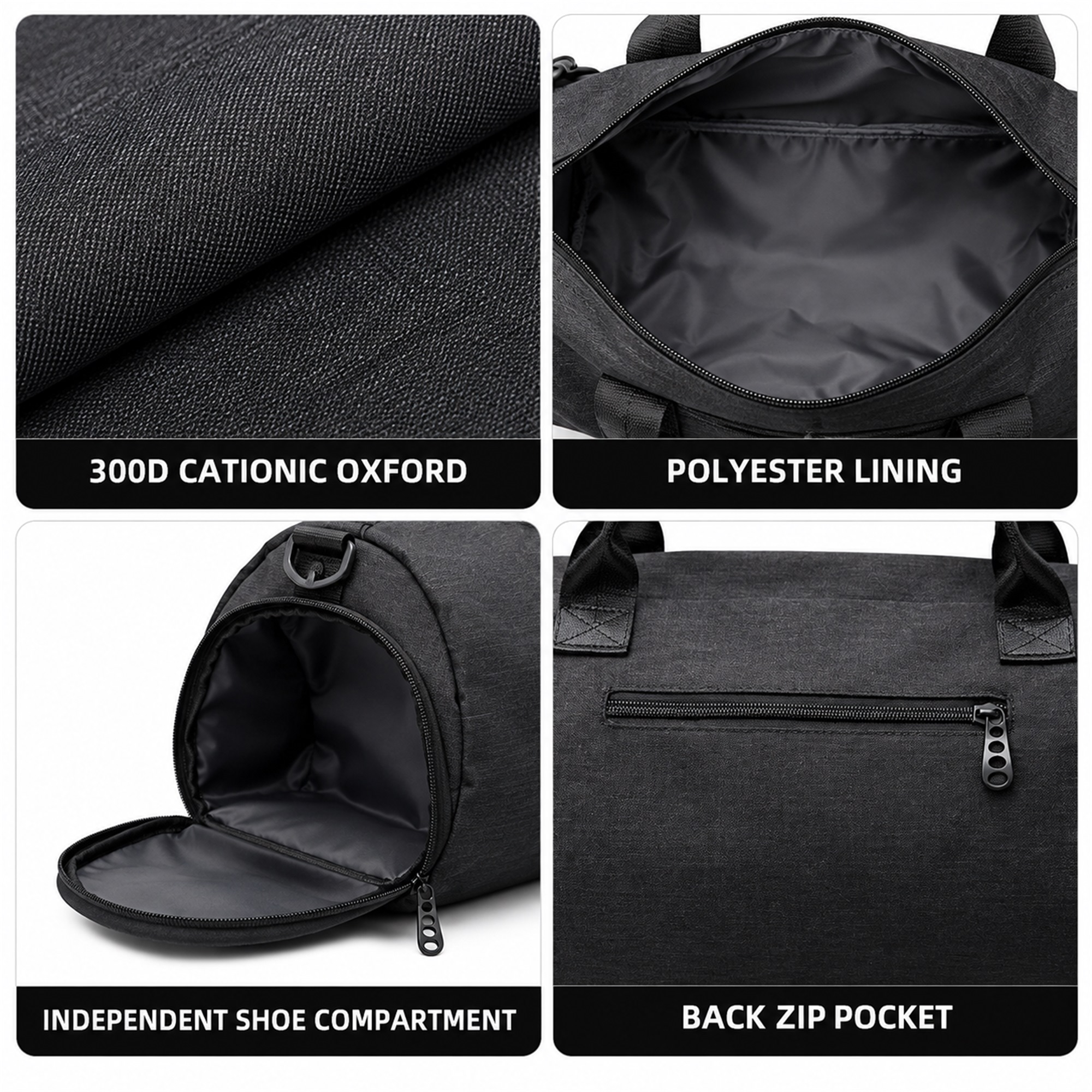 Custom Cationic Oxford Cylindrical Gym And Travel Duffel With Independent Shoe Compartment product construction details