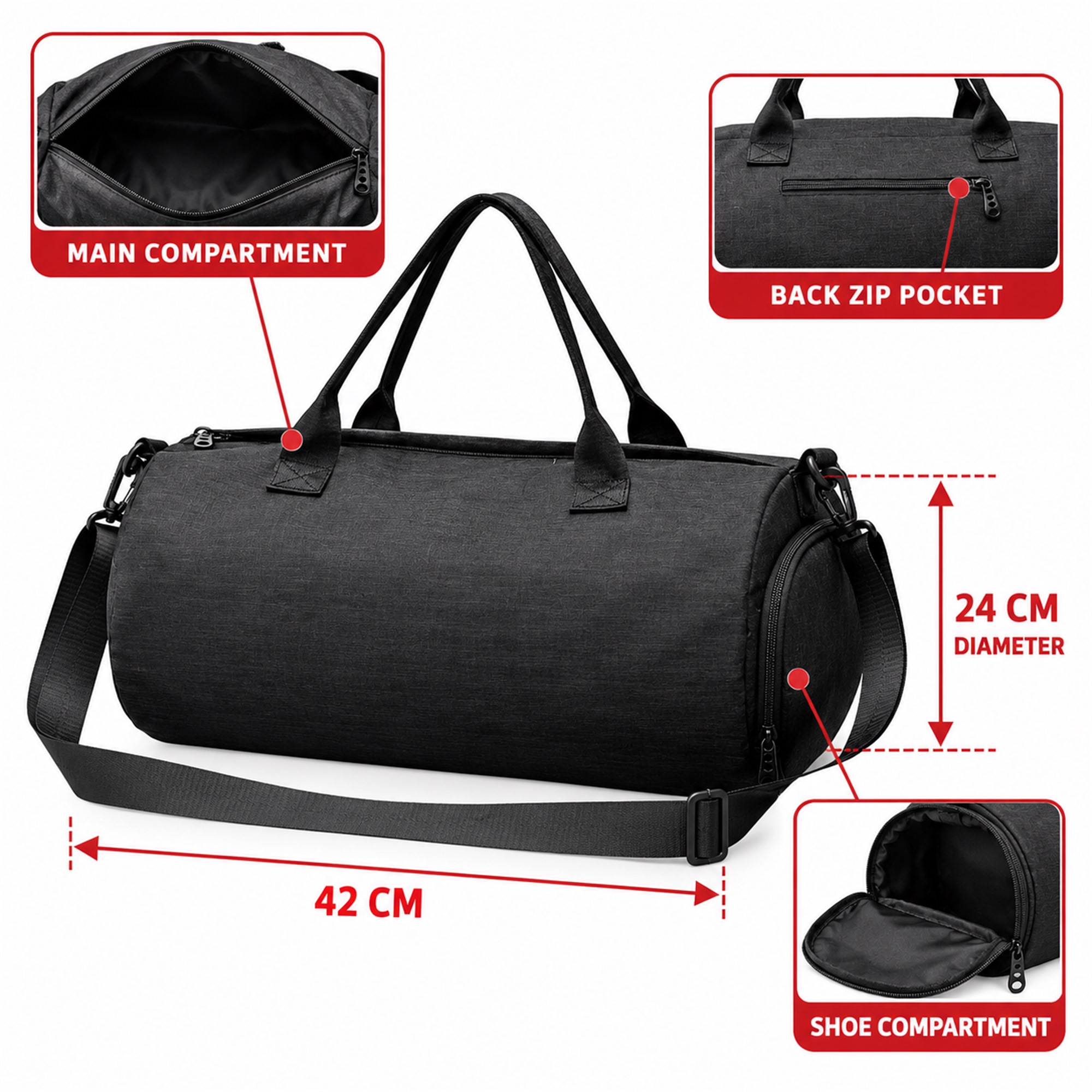 Custom Cationic Oxford Cylindrical Gym And Travel Duffel With Independent Shoe Compartment size and structure