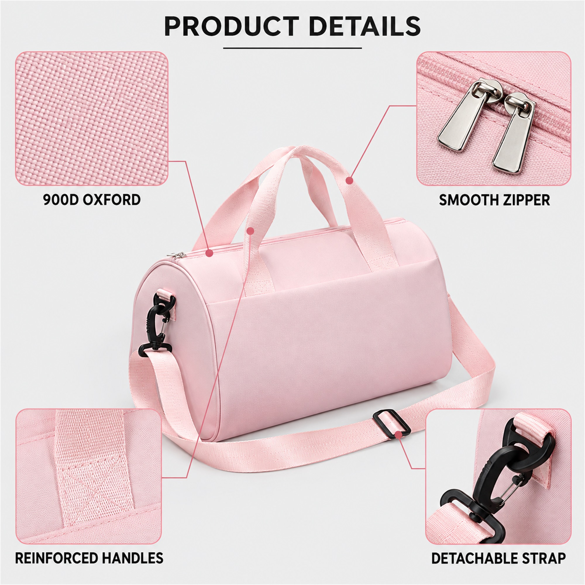 Custom Compact 900D Oxford Hand-Carry And Shoulder Dance Bag product construction details