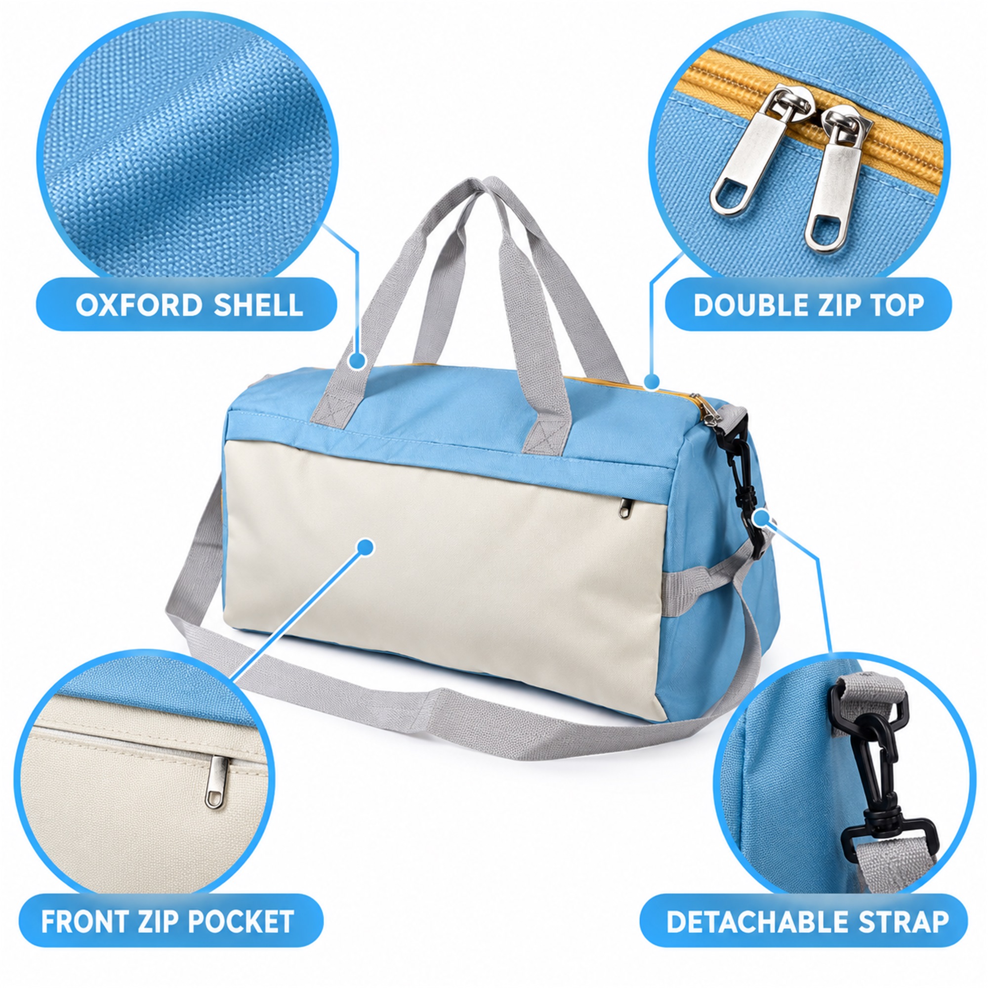 Custom Large Two-Tone Oxford Gym And Travel Duffel Bag product construction details