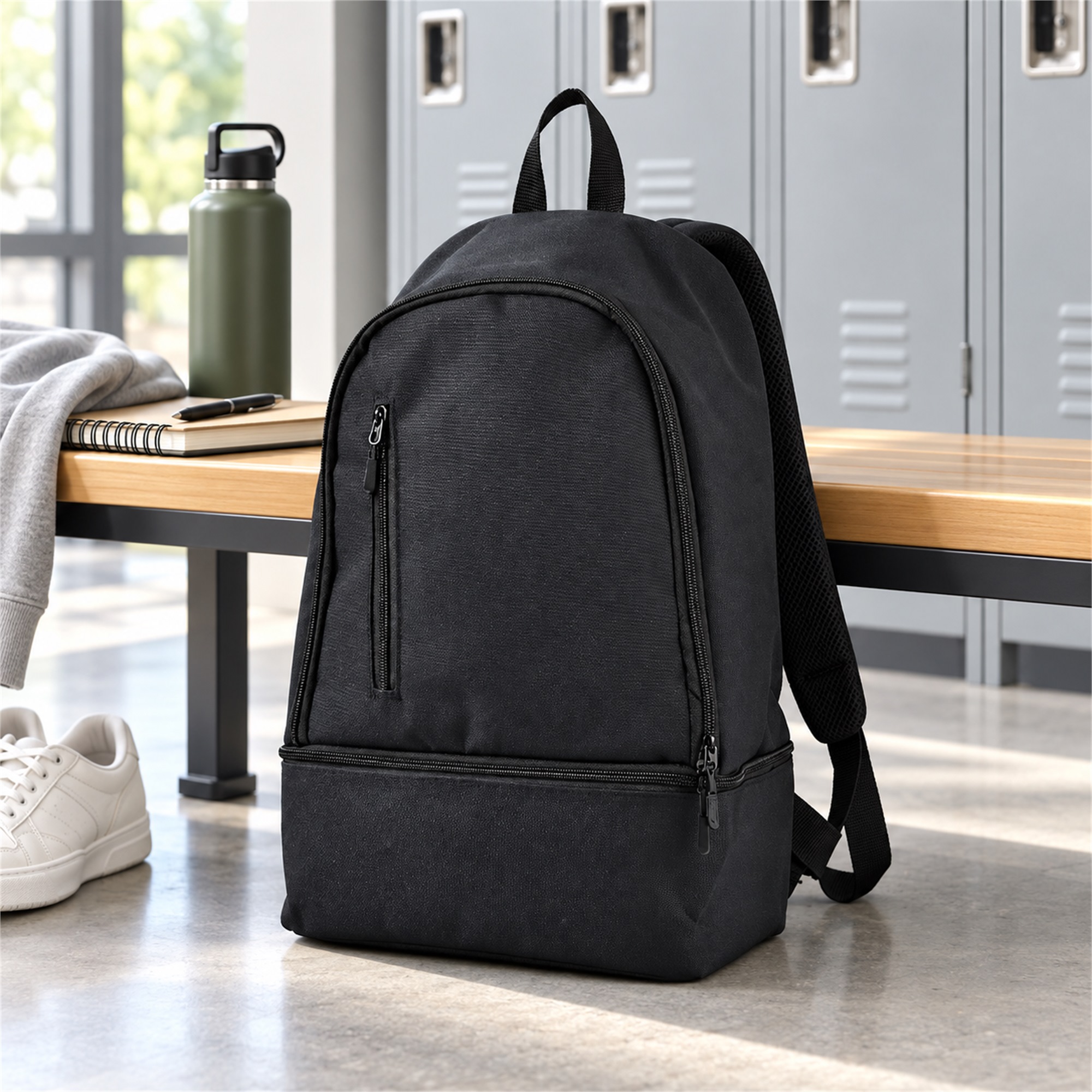 Custom Oxford Backpack With Separate Zippered Bottom Compartment lifestyle application