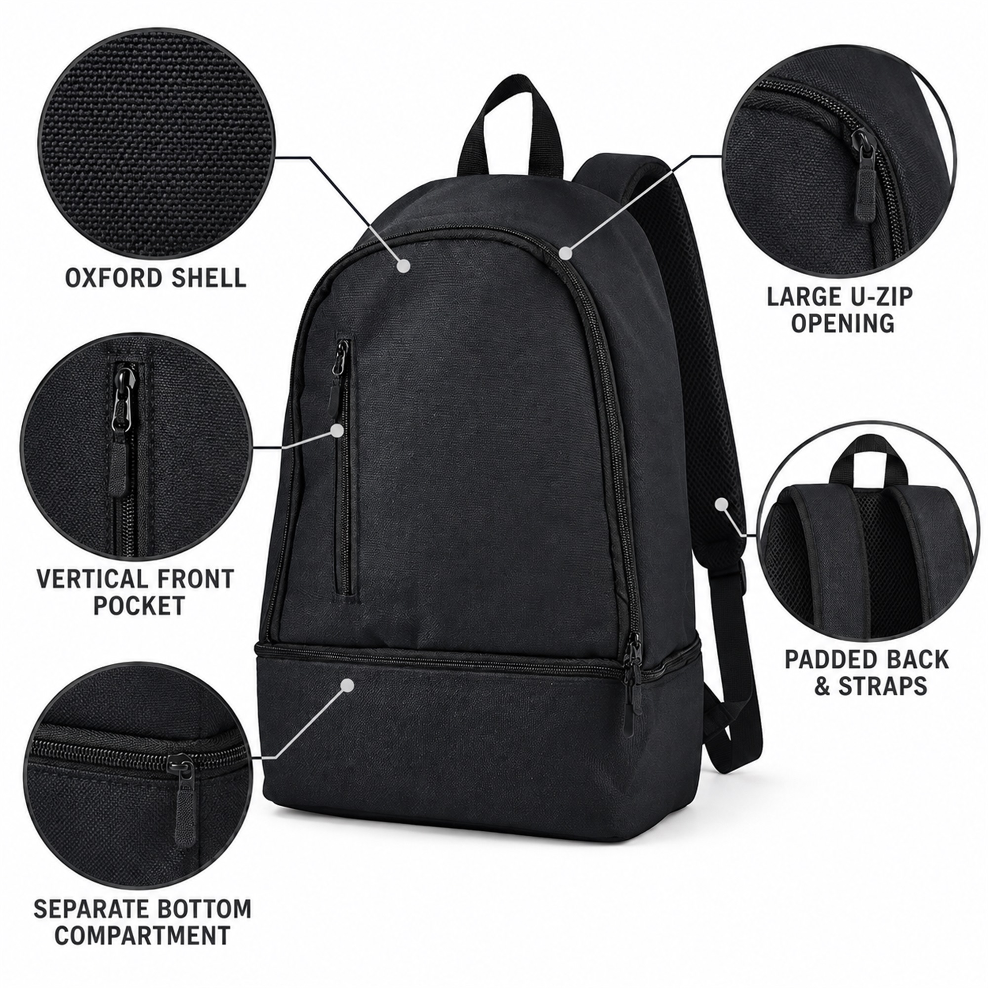 Custom Oxford Backpack With Separate Zippered Bottom Compartment product construction details