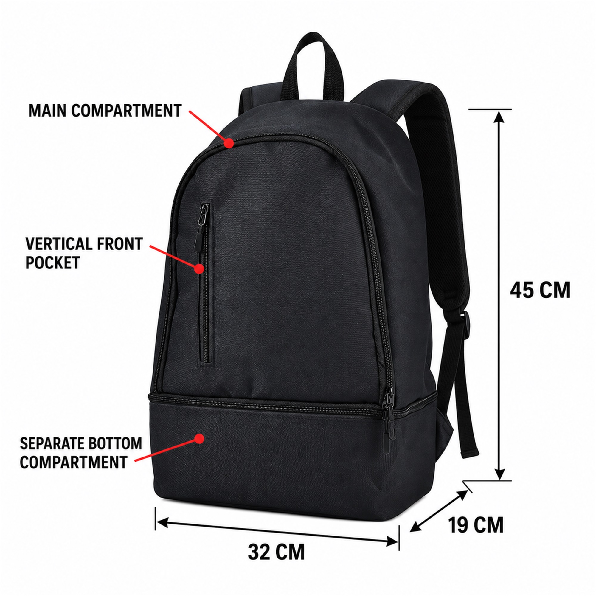 Custom Oxford Backpack With Separate Zippered Bottom Compartment size and structure