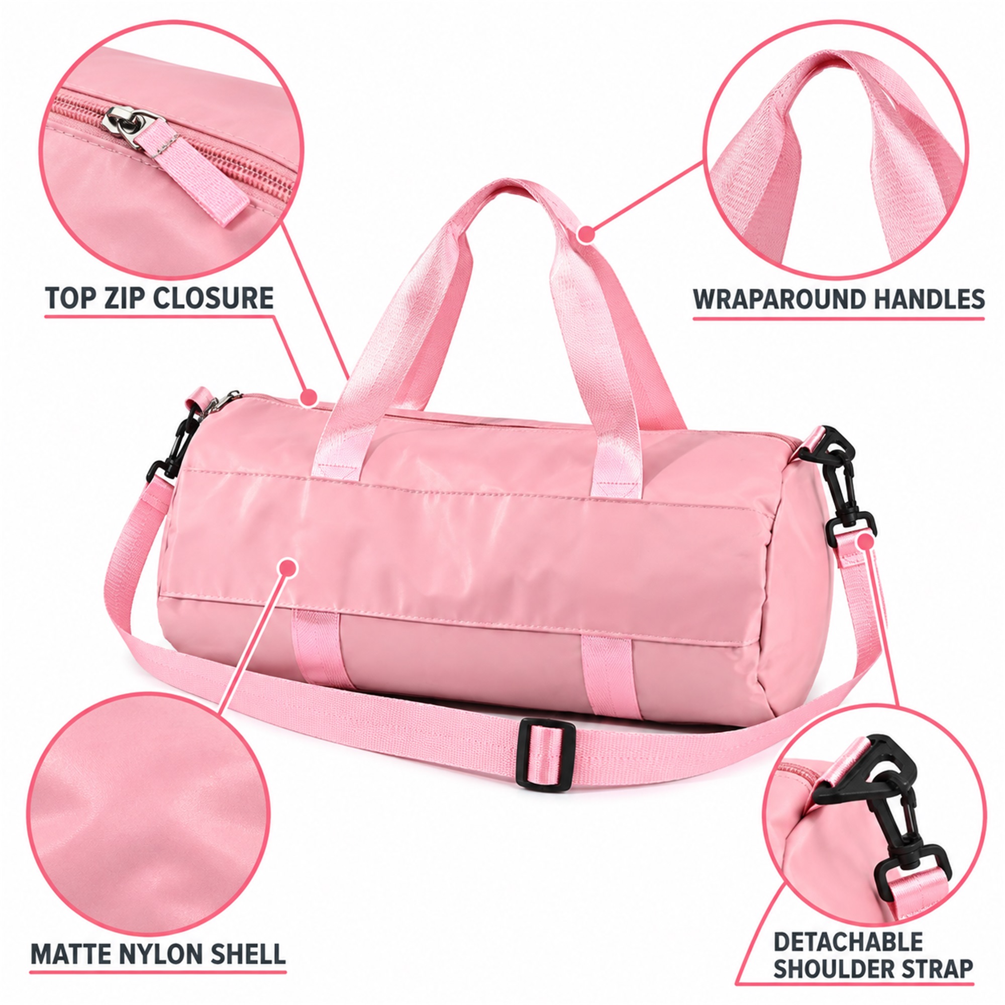Pastel-Pink Nylon Barrel Gym And Travel Duffel product construction details