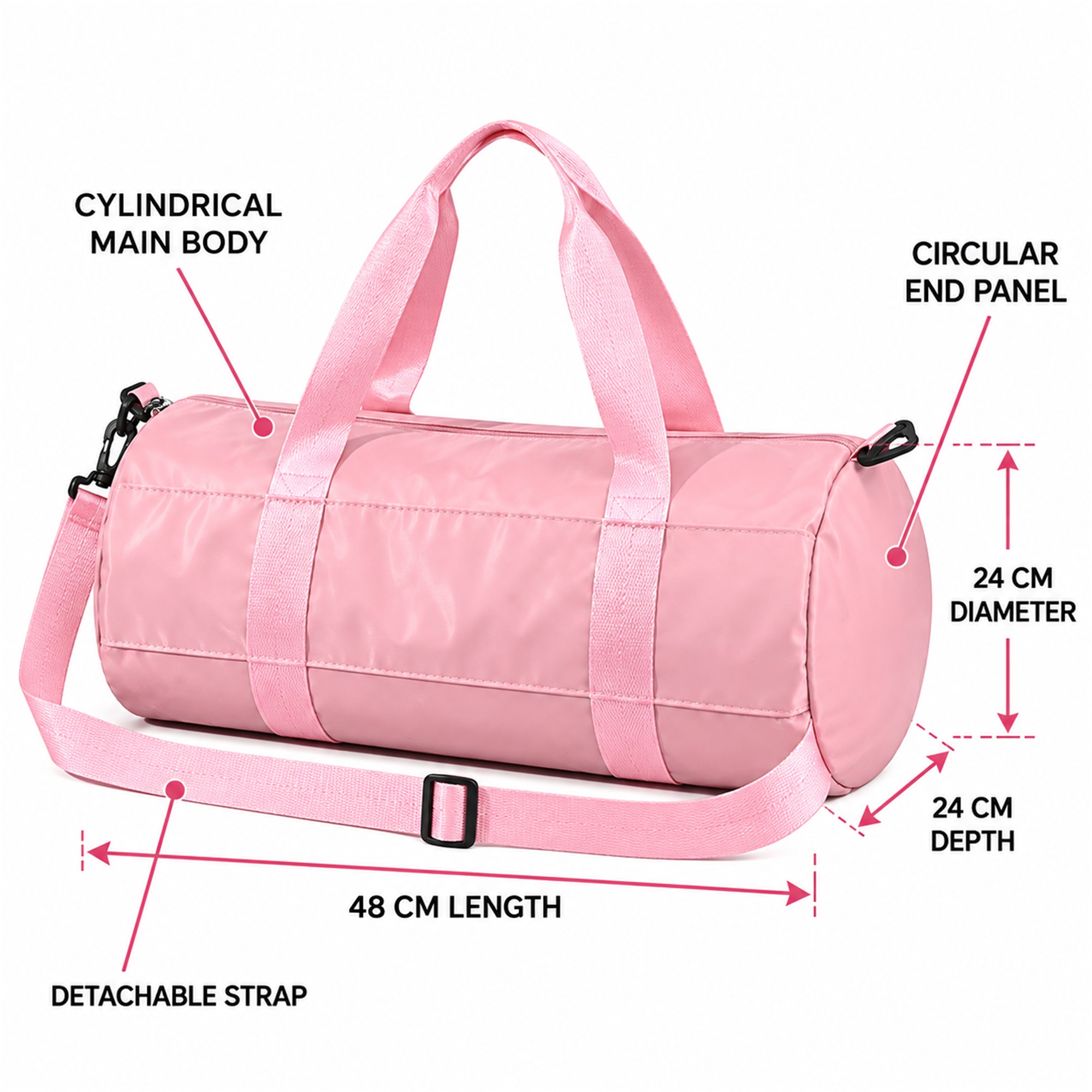 Pastel-Pink Nylon Barrel Gym And Travel Duffel size and structure