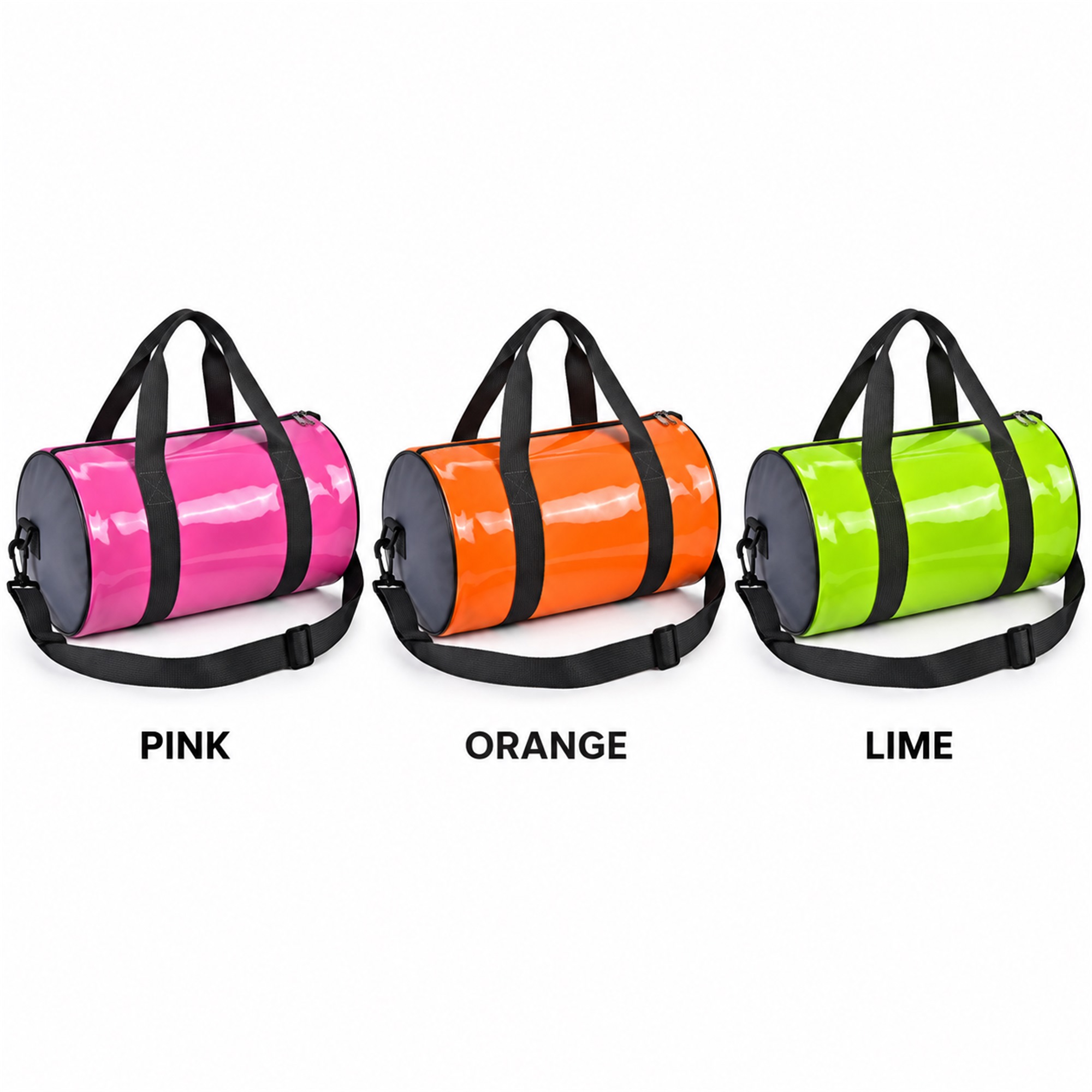 Custom Glossy Mirror-Finish Barrel Gym And Travel Duffel available styles and colors