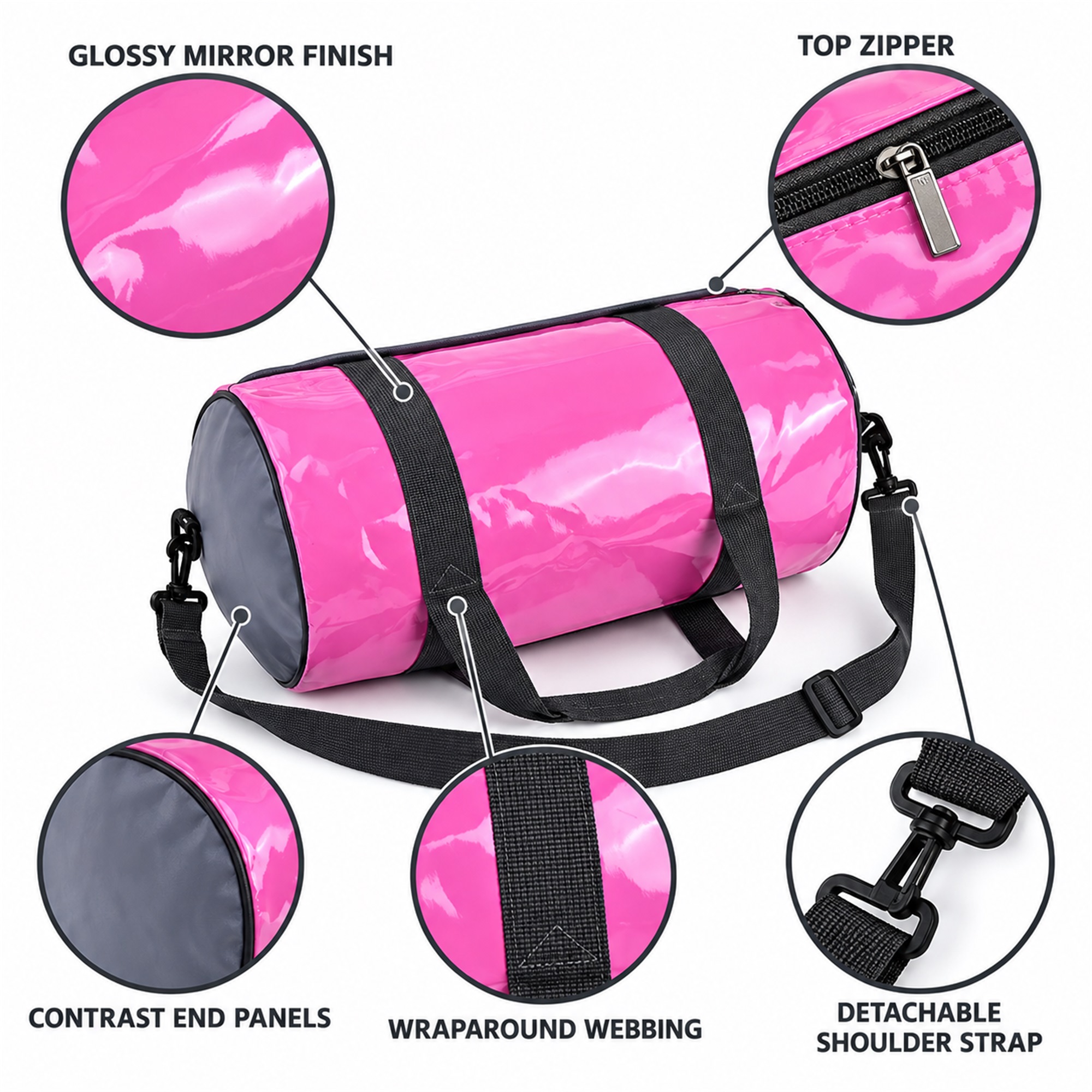 Custom Glossy Mirror-Finish Barrel Gym And Travel Duffel product construction details