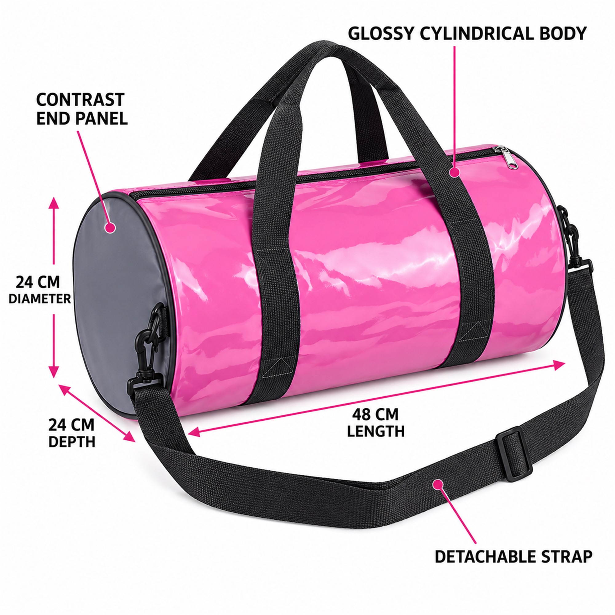 Custom Glossy Mirror-Finish Barrel Gym And Travel Duffel size and structure