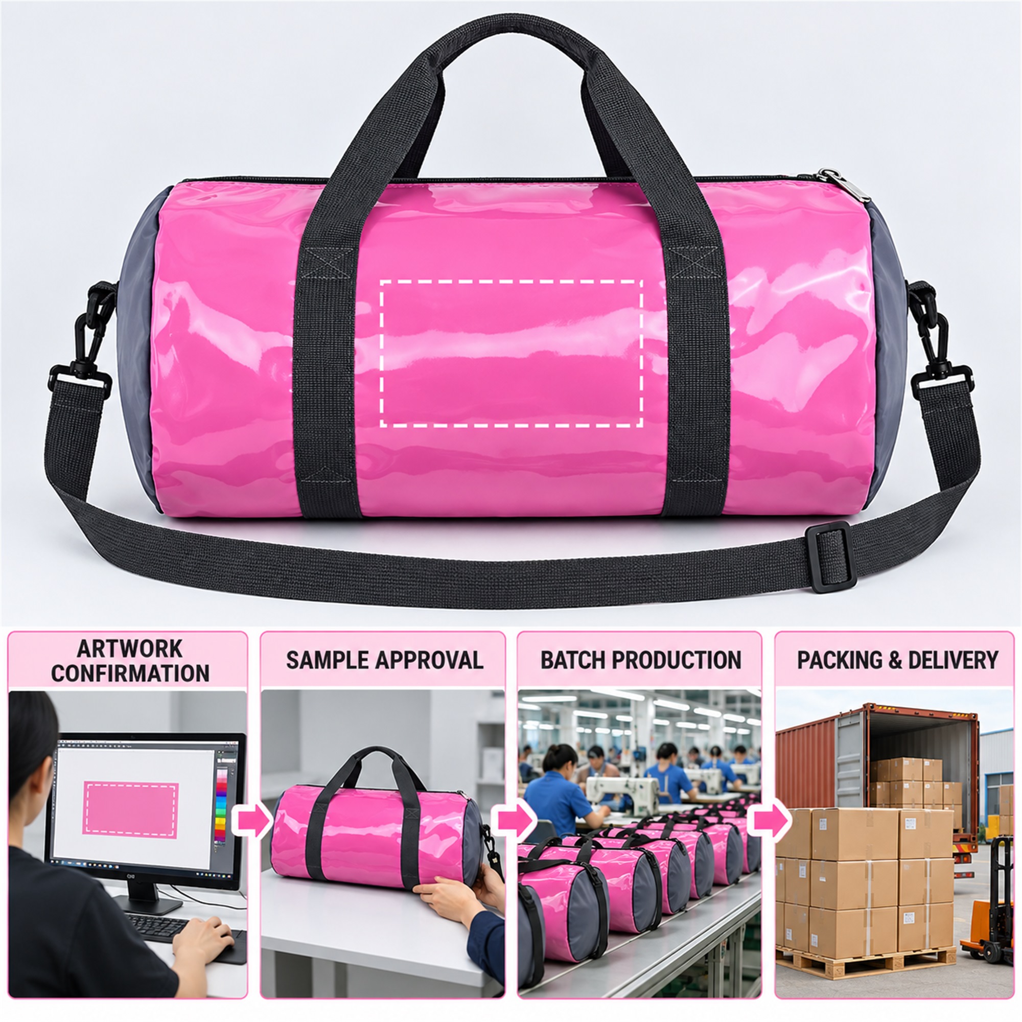 Custom Glossy Mirror-Finish Barrel Gym And Travel Duffel custom logo option