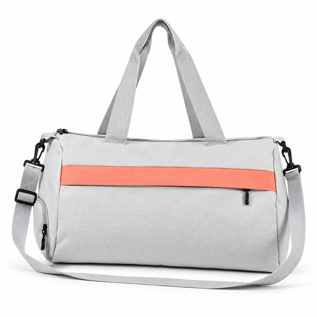 Custom Light-Gray Oxford Gym And Travel Duffel With Side Shoe Compartment front product view