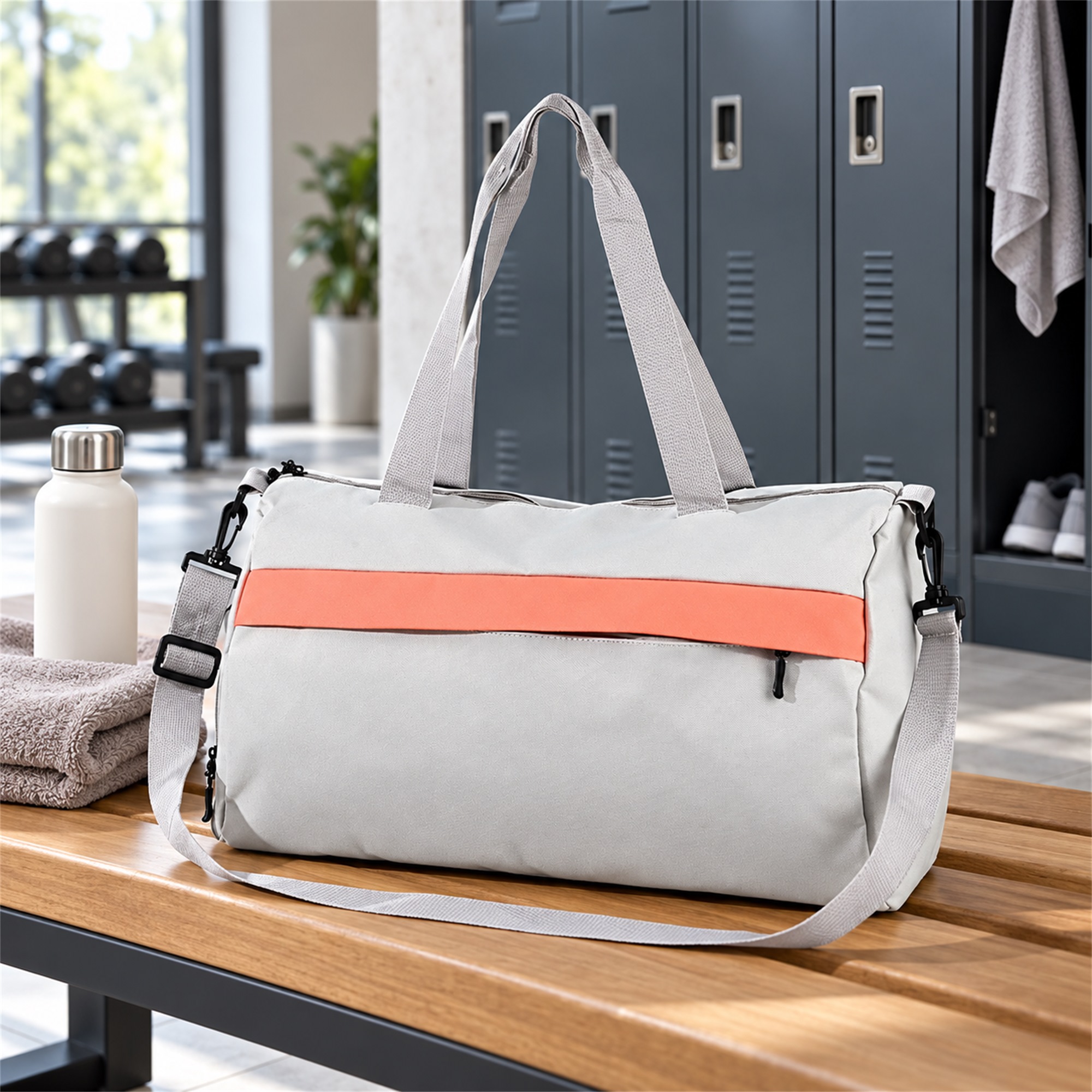 Custom Light-Gray Oxford Gym And Travel Duffel With Side Shoe Compartment lifestyle application