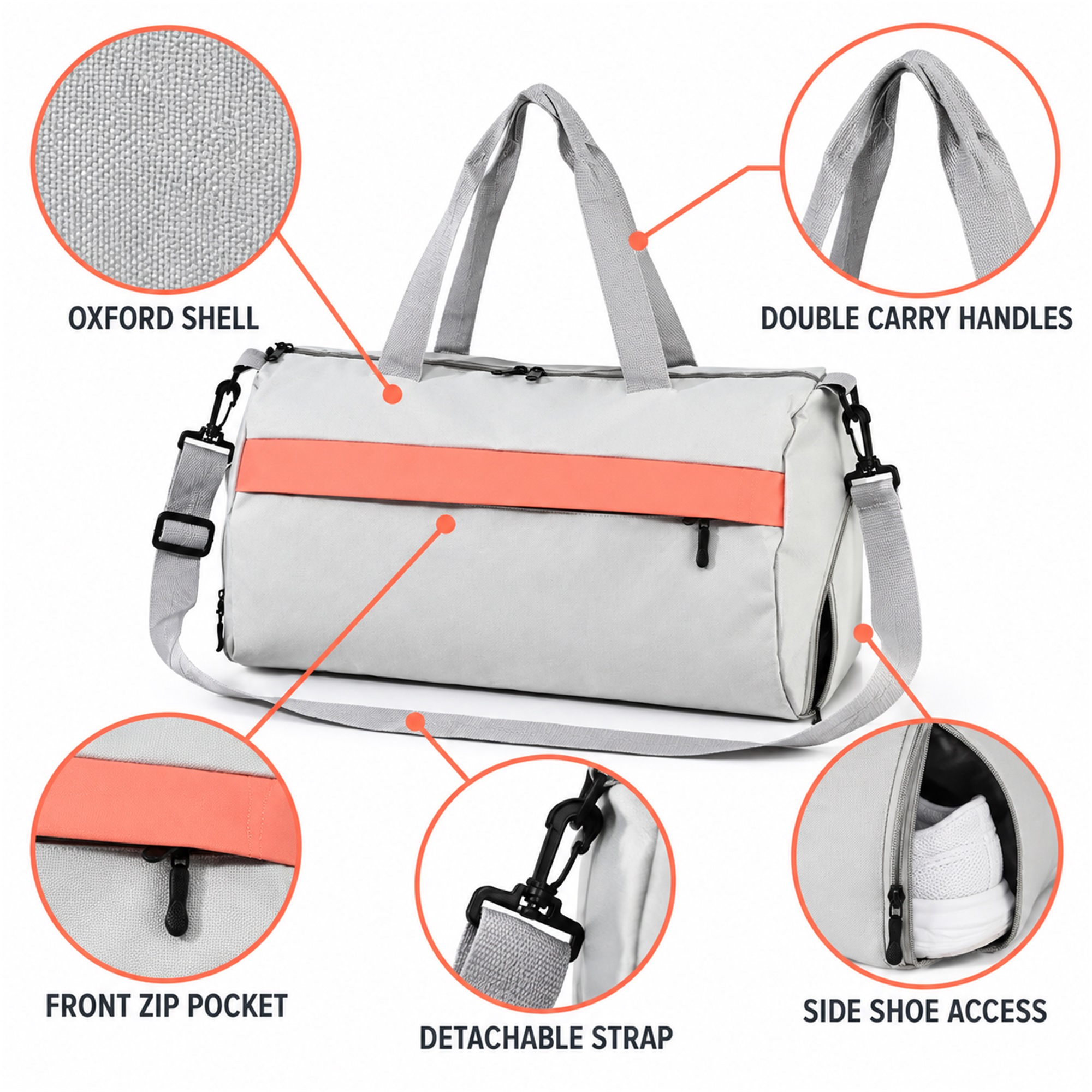 Custom Light-Gray Oxford Gym And Travel Duffel With Side Shoe Compartment product construction details