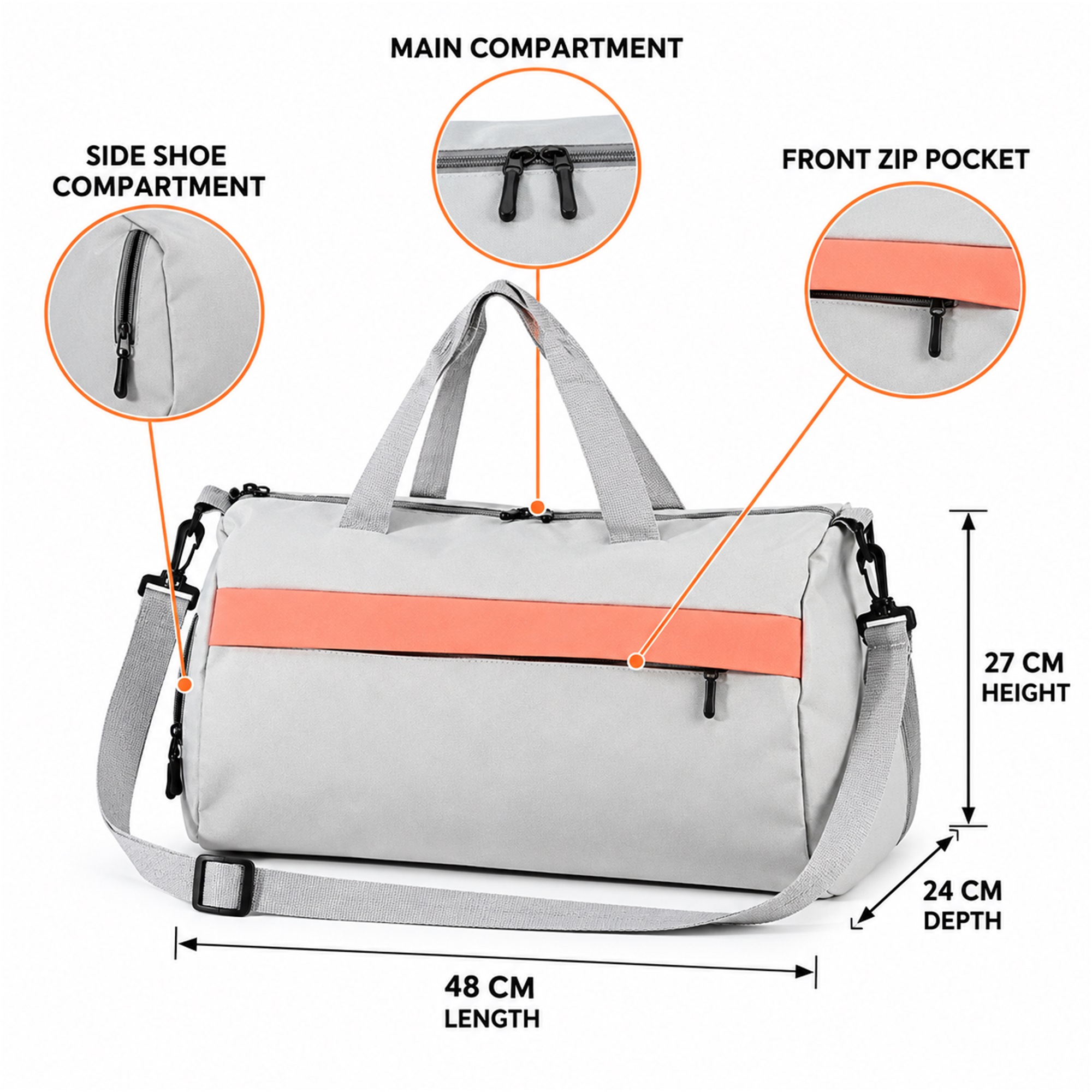 Custom Light-Gray Oxford Gym And Travel Duffel With Side Shoe Compartment size and structure
