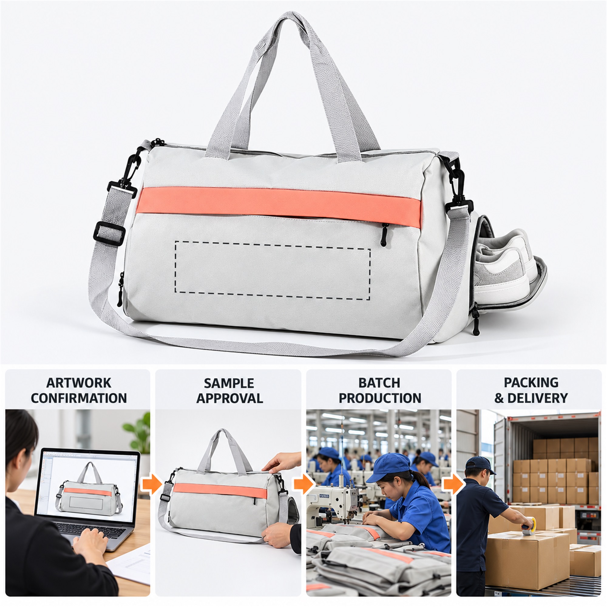 Custom Light-Gray Oxford Gym And Travel Duffel With Side Shoe Compartment custom logo option