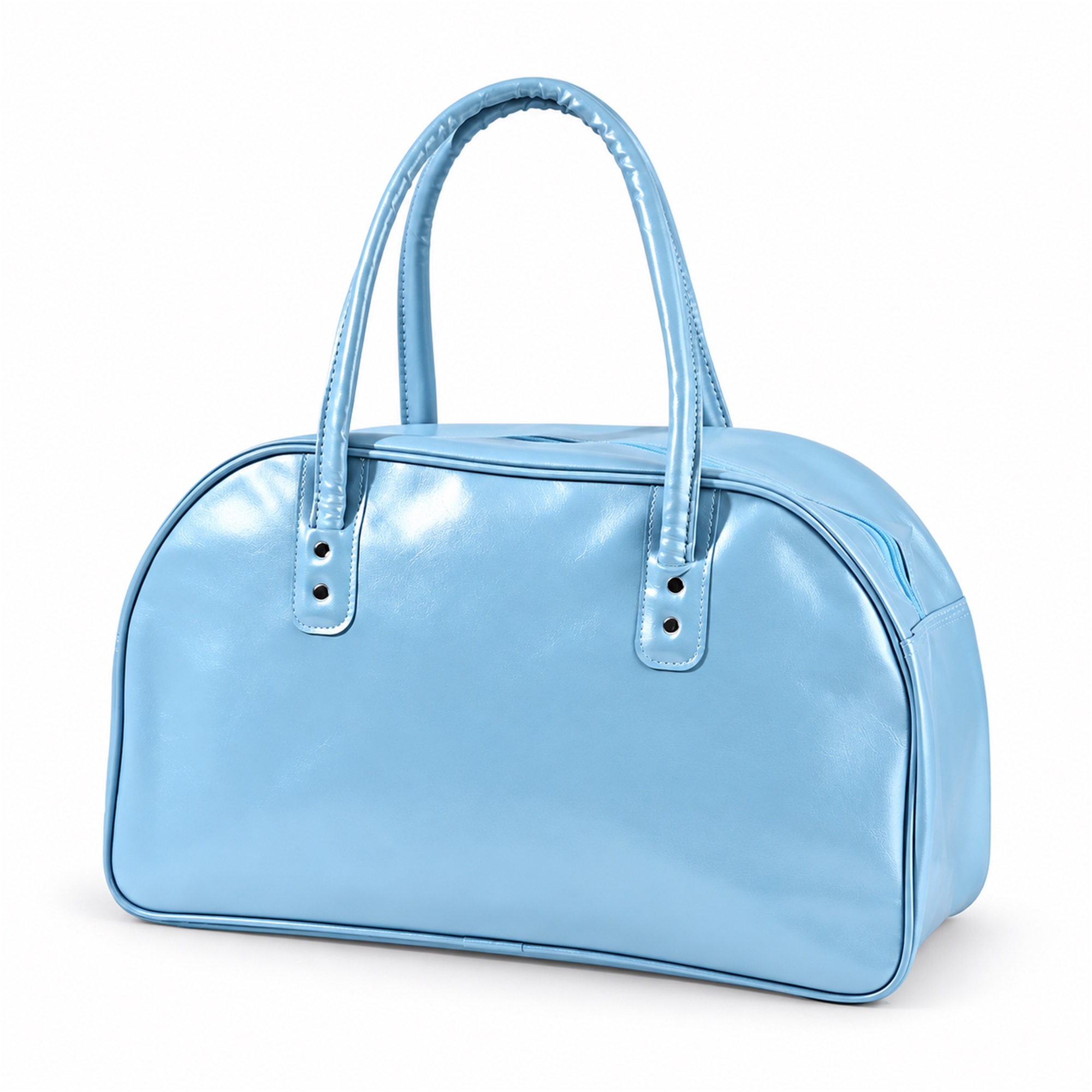 Custom Light-Blue Glossy PU Arched-Top Travel And Gym Handbag Bag front product view