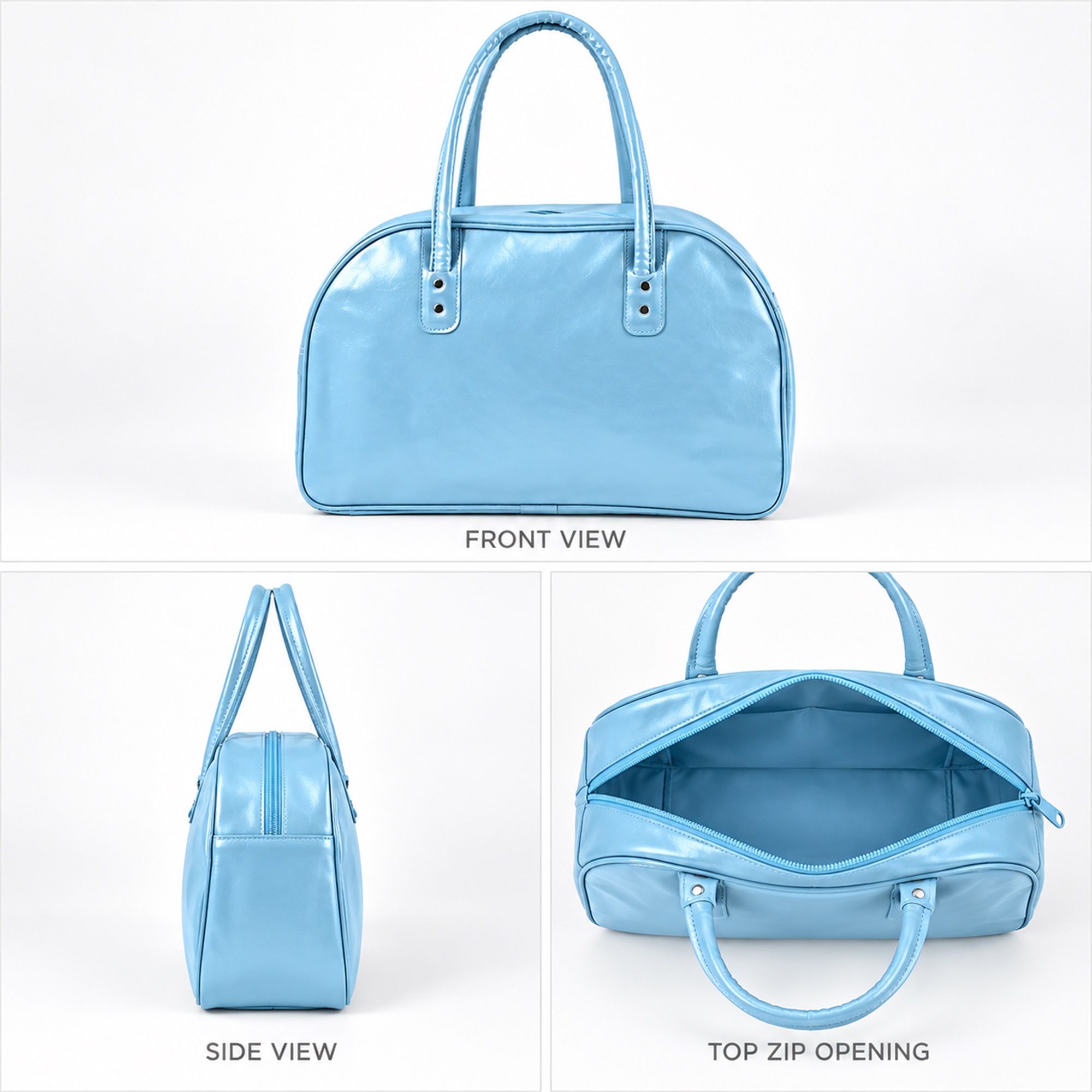 Custom Light-Blue Glossy PU Arched-Top Travel And Gym Handbag Bag available styles and colors