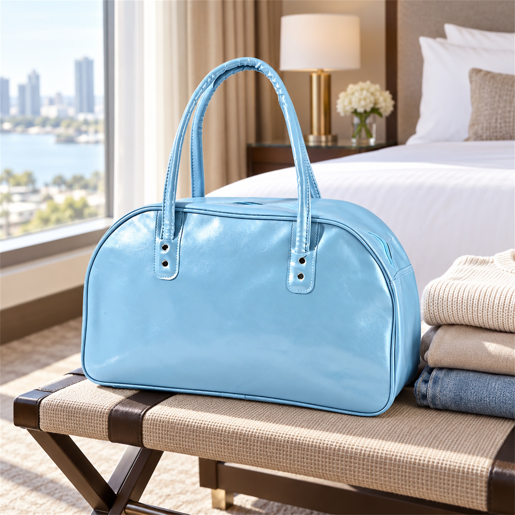 Custom Light-Blue Glossy PU Arched-Top Travel And Gym Handbag Bag lifestyle application