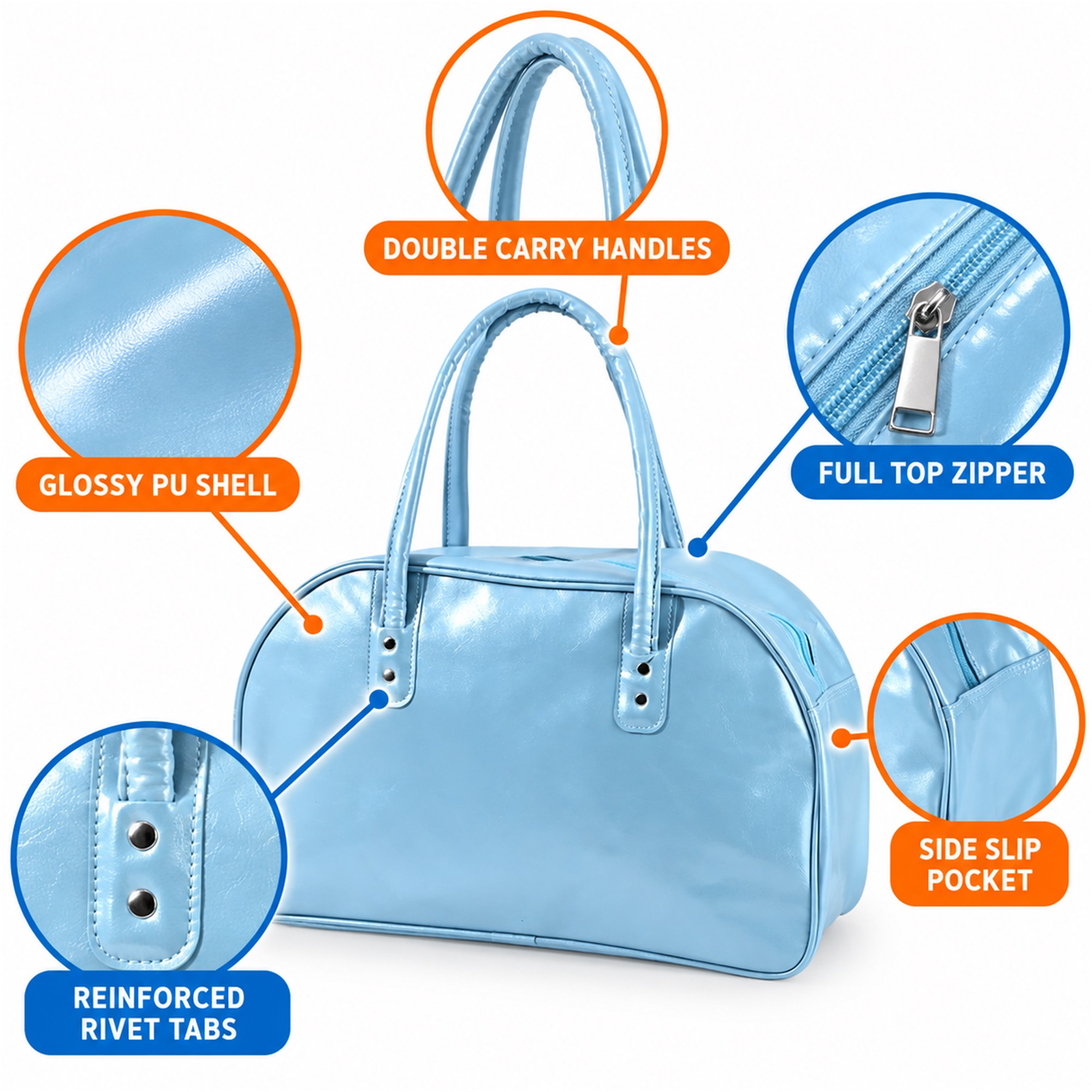 Custom Light-Blue Glossy PU Arched-Top Travel And Gym Handbag Bag product construction details