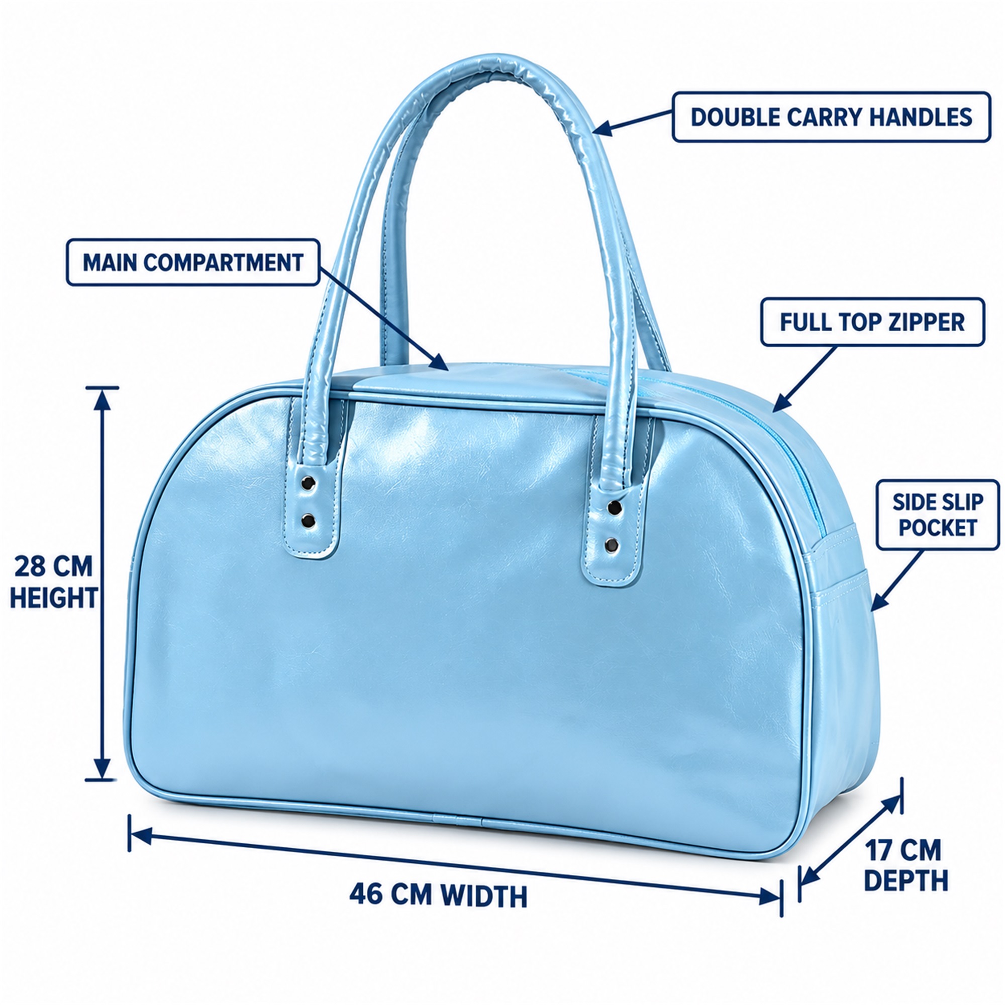 Custom Light-Blue Glossy PU Arched-Top Travel And Gym Handbag Bag size and structure